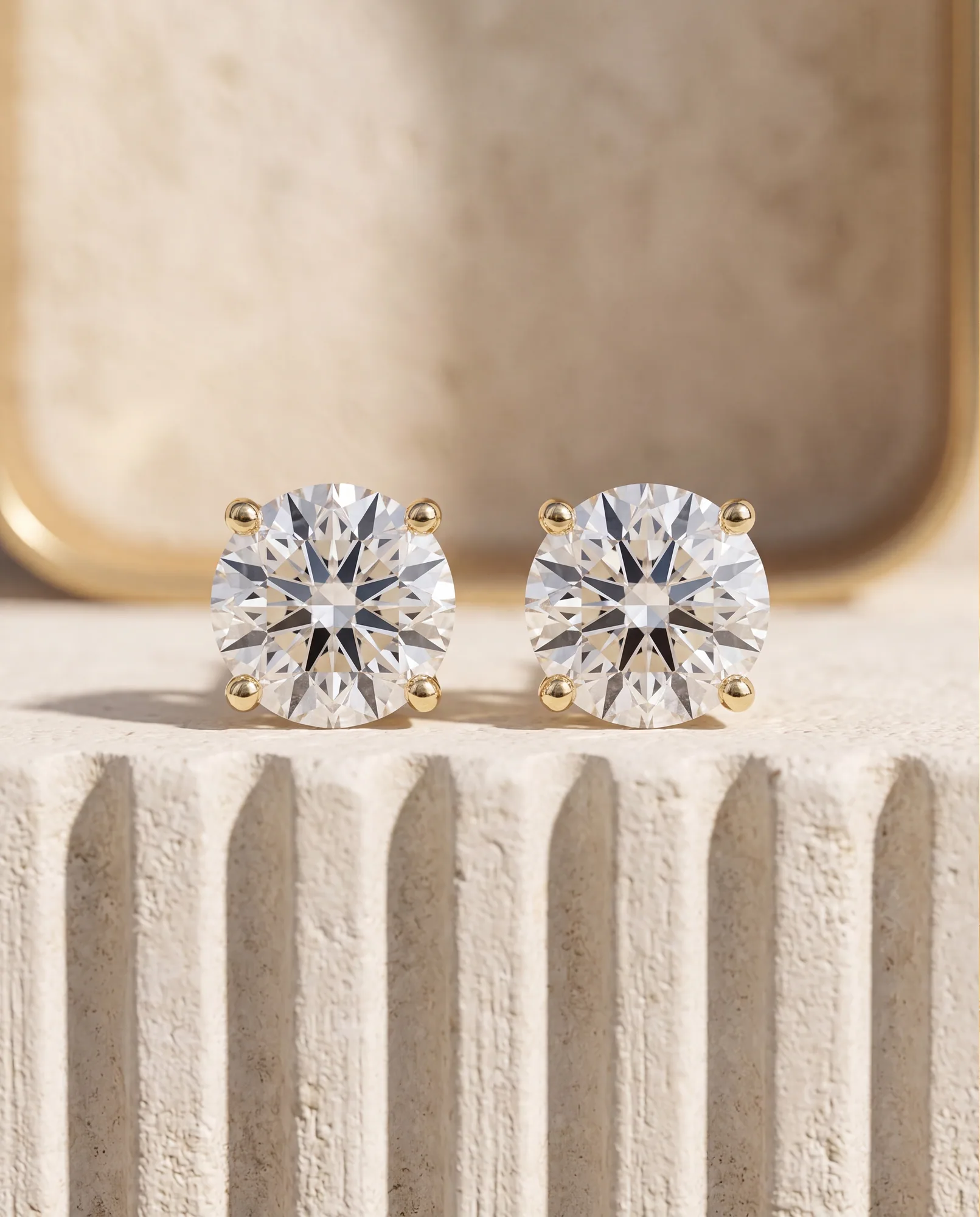 Dew, Four-Prong Lab-Grown Diamond Studs in Yellow Gold, round