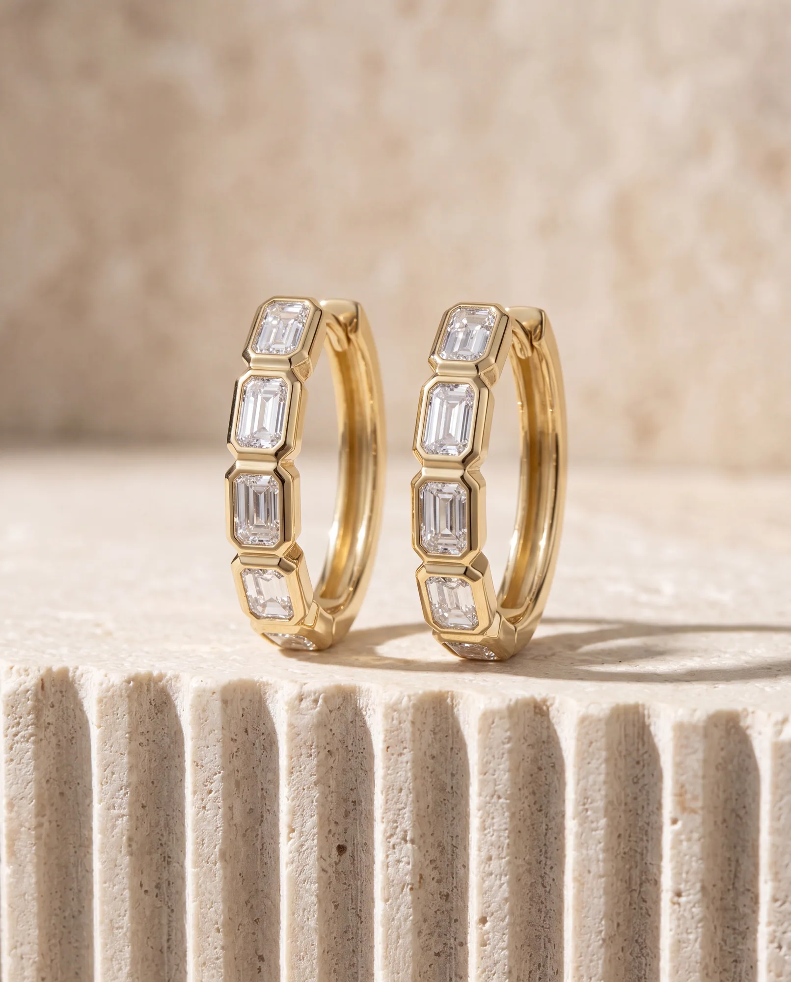 Carousel Emerald, Emerald-Cut Bezel Hoops in Yellow Gold, emerald