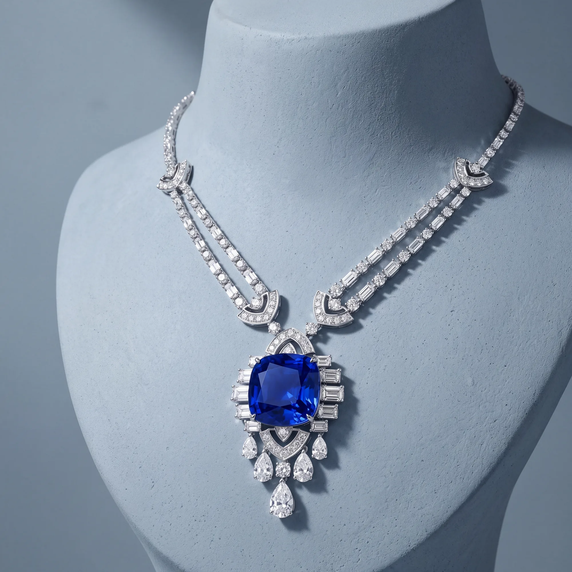 Ondine, Blue Sapphire Cushion Pendant in White Gold