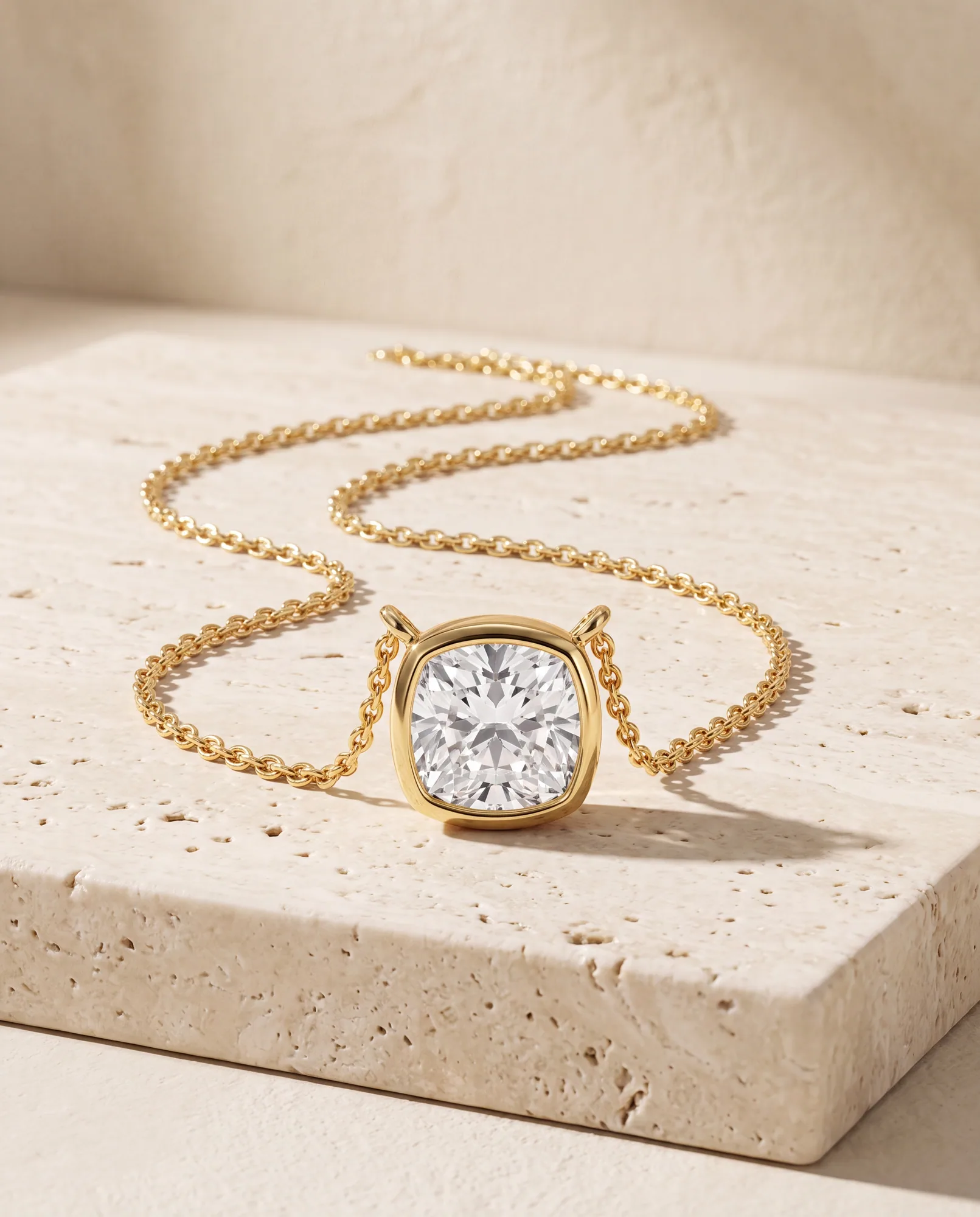 Halo Cushion, Cushion Bezel Pendant in Yellow Gold, cushion