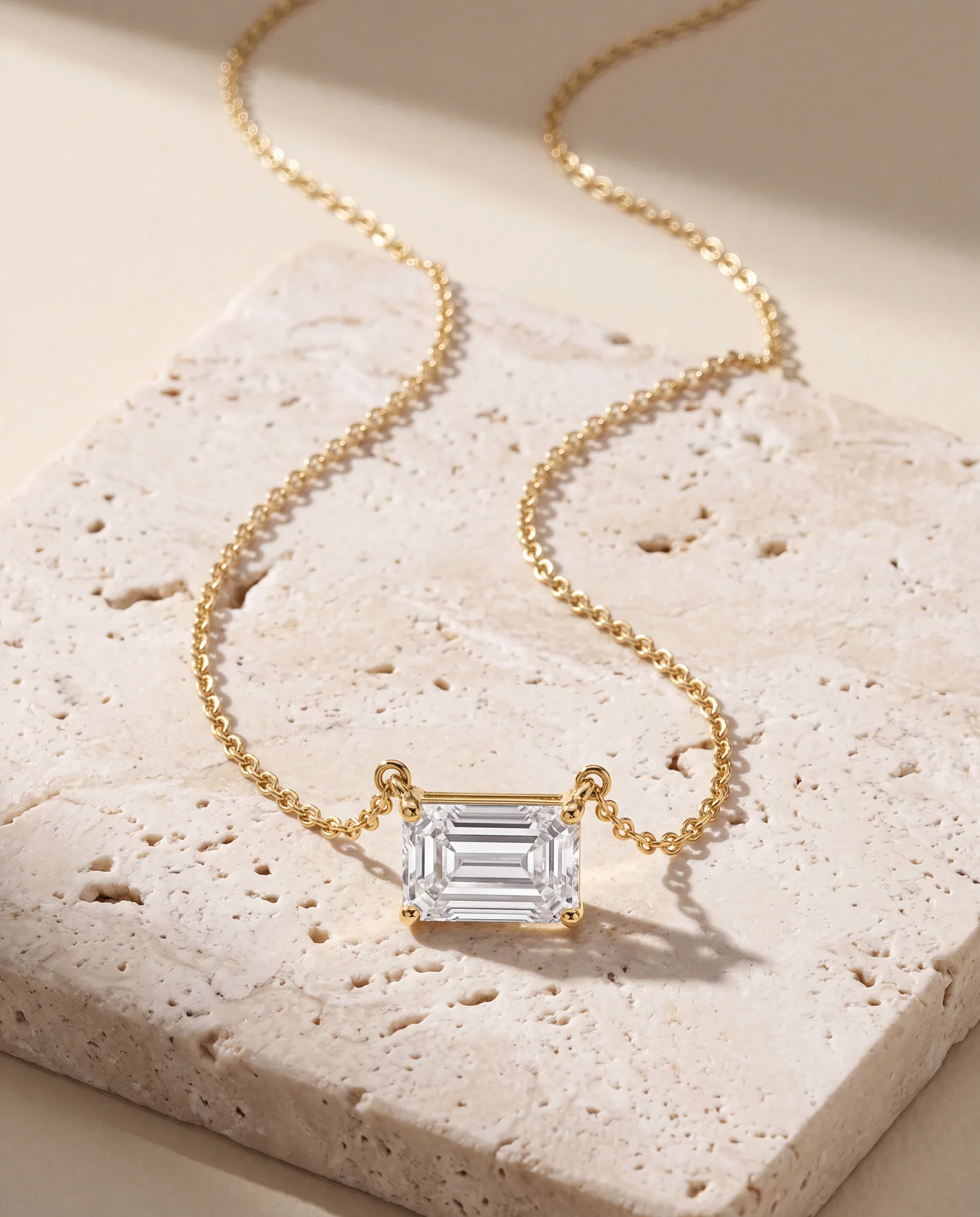 Star Emerald, East-West Emerald-Cut Solitaire Pendant in Yellow Gold, emerald