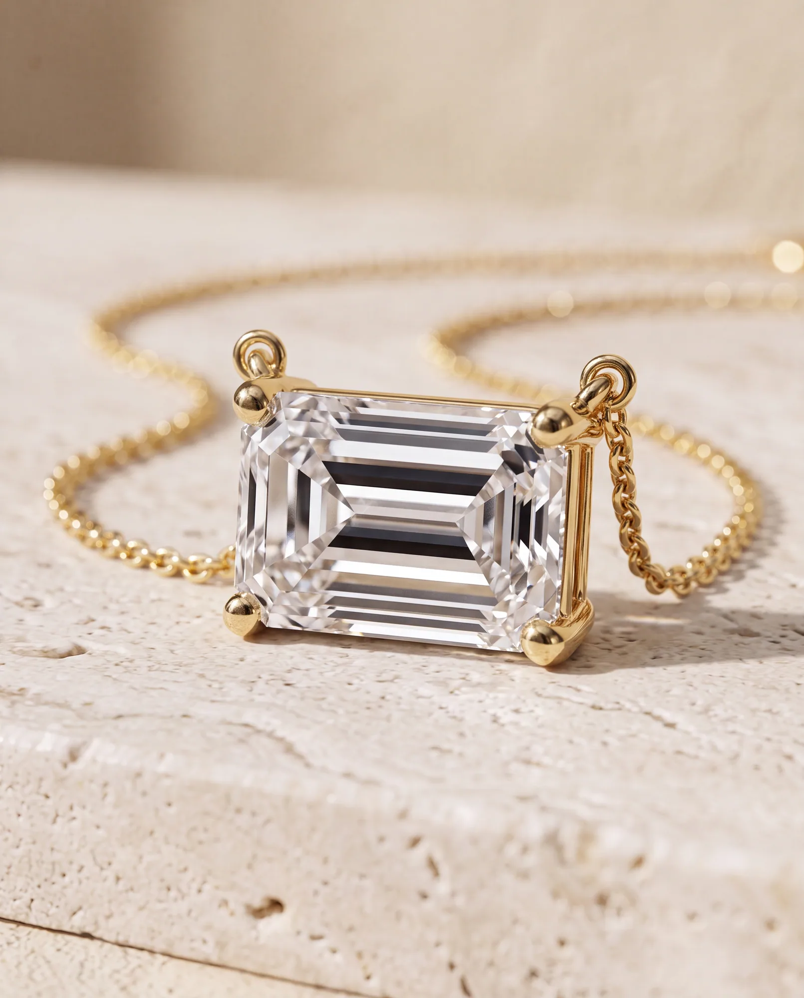 Star Emerald, East-West Emerald-Cut Solitaire Pendant in Yellow Gold, emerald, side profile