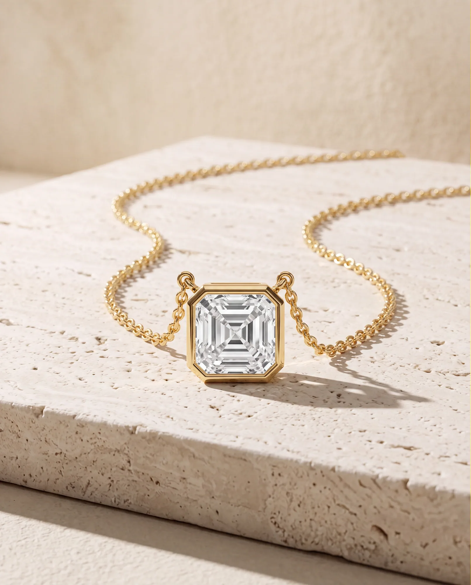 Halo Asscher, Asscher Bezel Pendant in Yellow Gold, asscher