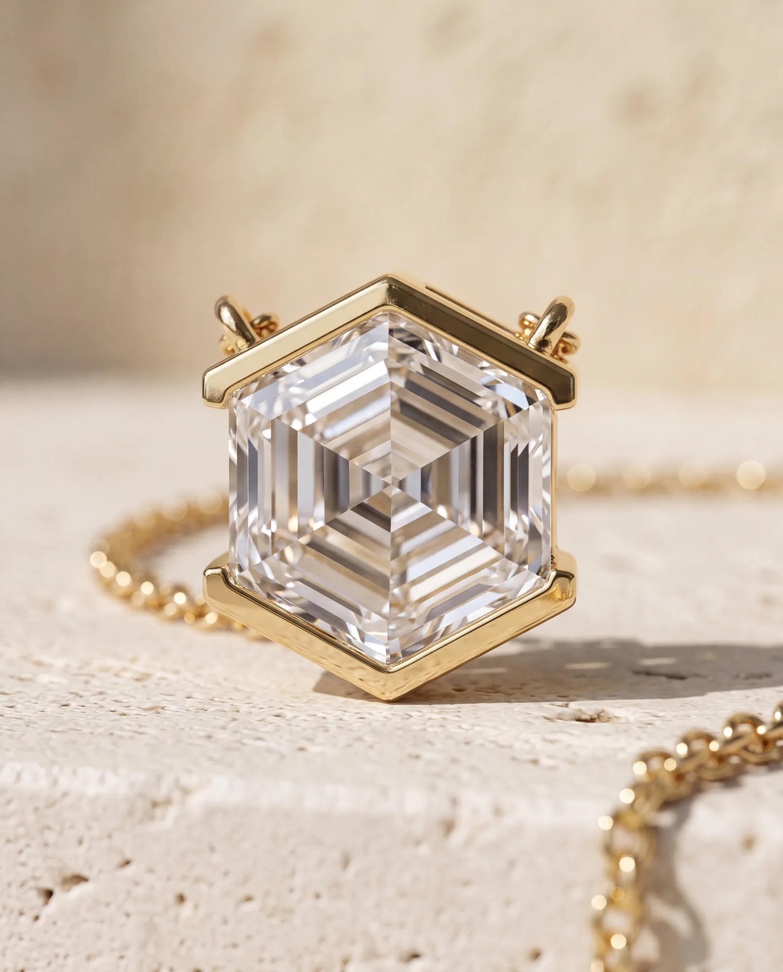 Halfmoon Hexagon, Hexagon Half-Bezel Pendant in Yellow Gold, hexagon, side profile