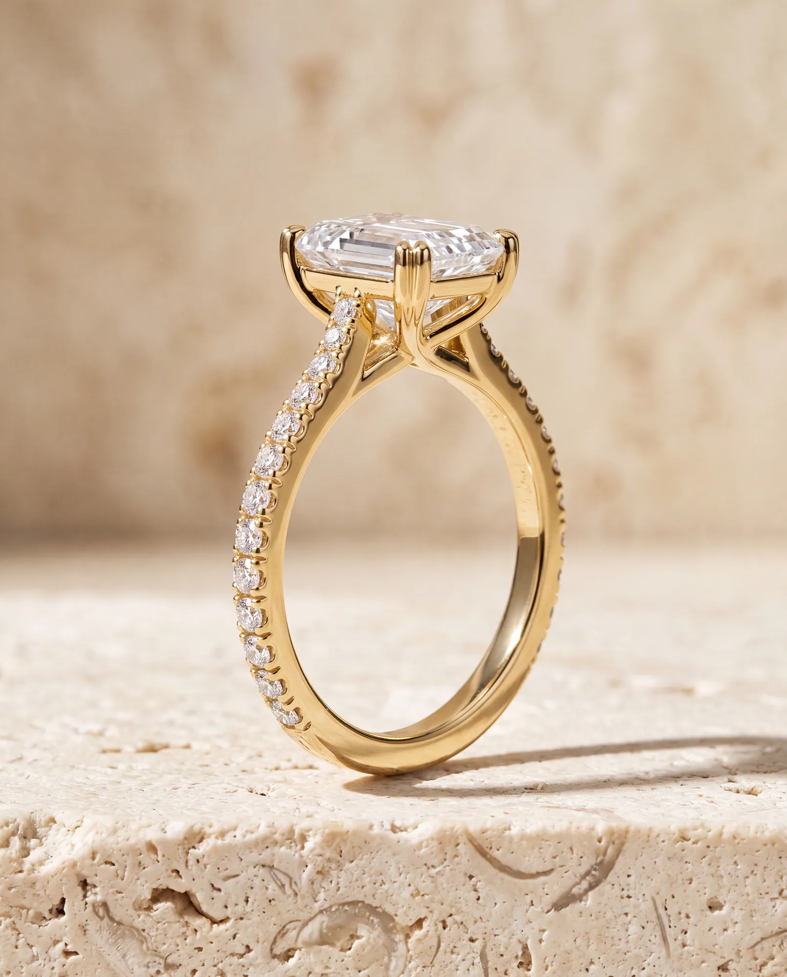 Fate Emerald, Emerald-Cut Cross-Band Solitaire in Yellow Gold, emerald, side profile
