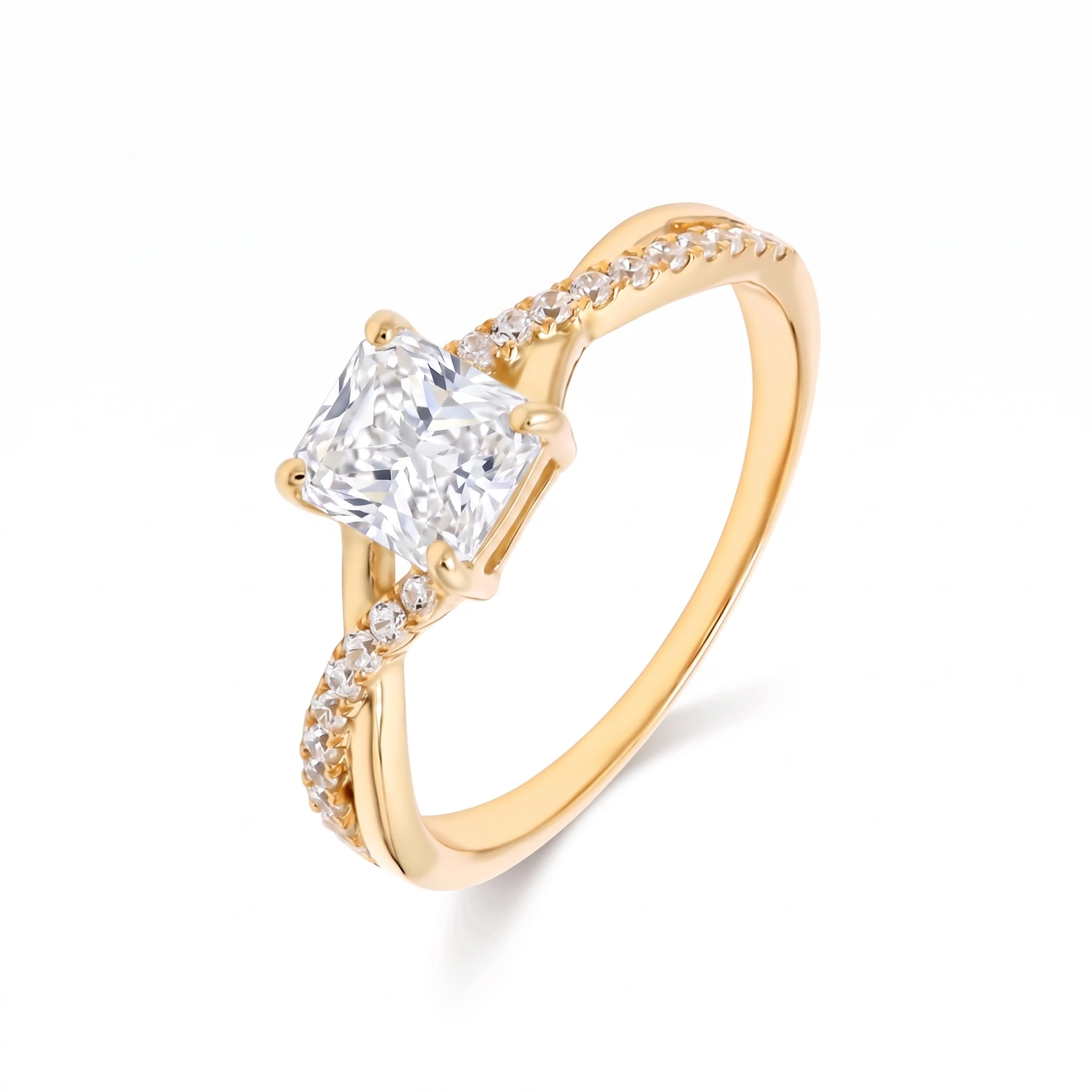 Viola, Four Prong Radiant Solitaire, Twisted Pavé Band in Yellow Gold, radiant