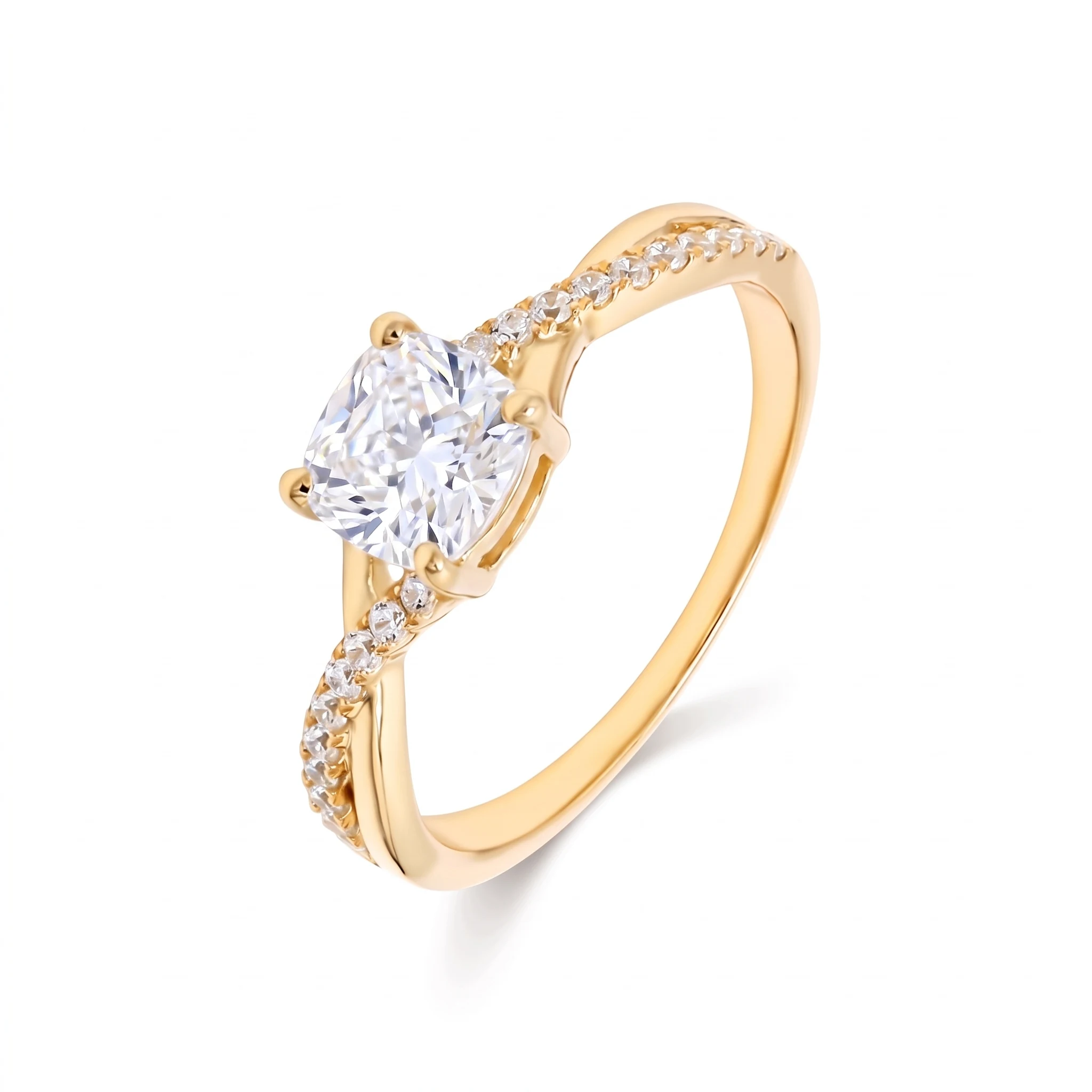 Willa, Four Prong Cushion Solitaire, Twisted Pavé Band in Yellow Gold, cushion