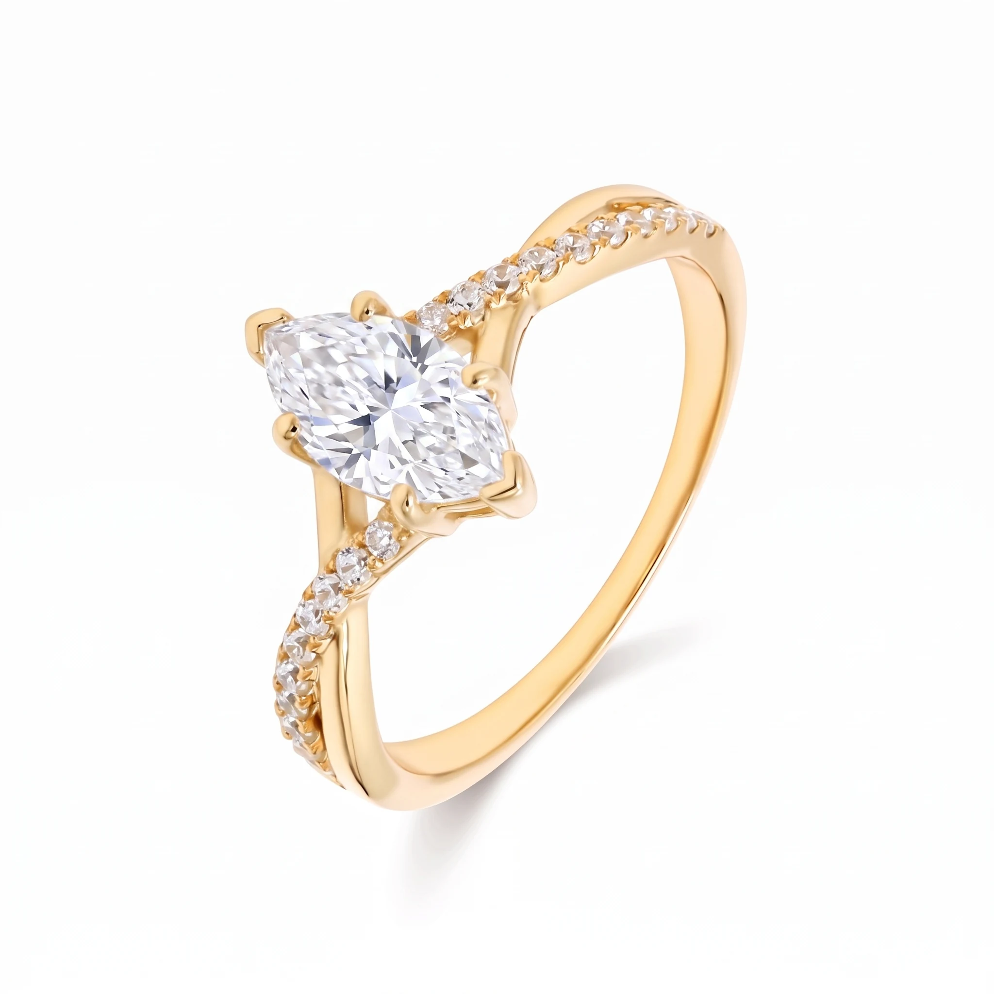 Allegra, Four Prong Marquise Solitaire, Twisted Pavé Band in Yellow Gold, marquise