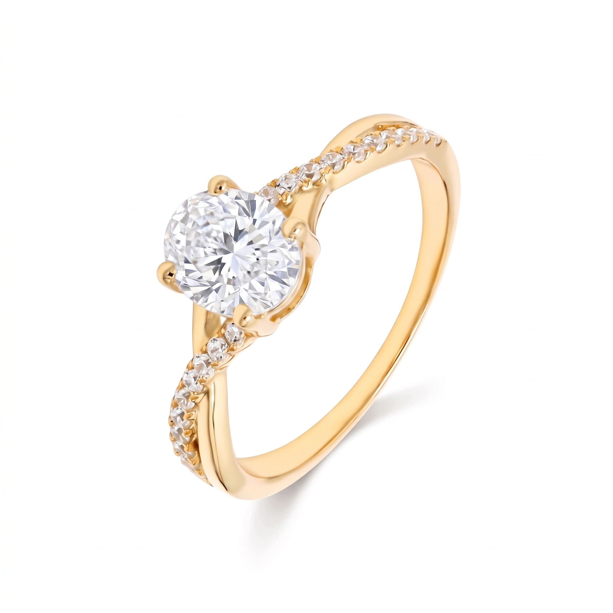 Cecilia, Four Prong Oval Solitaire, Twisted Pavé Band in Yellow Gold, oval