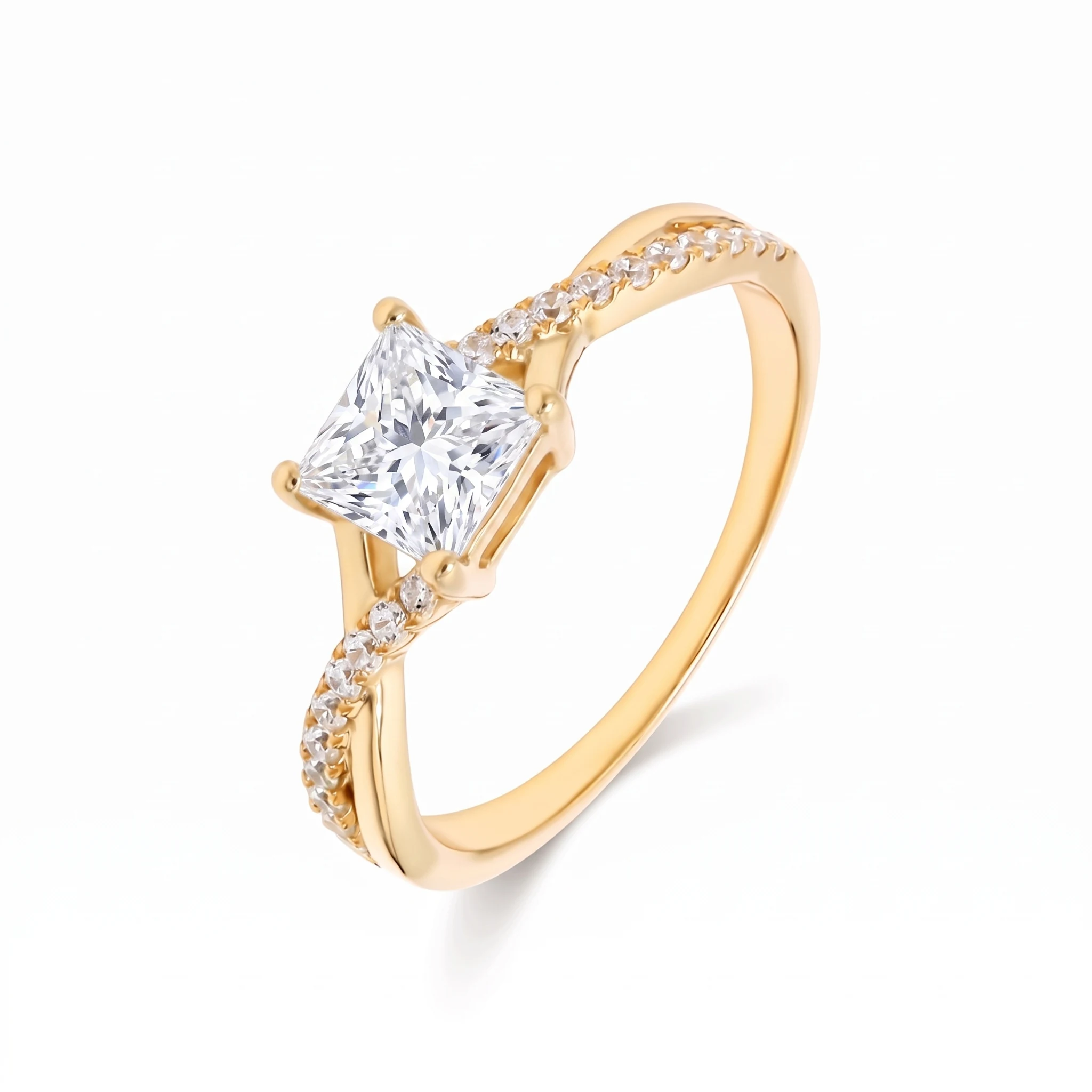 Dahlia, Four Prong Princess Solitaire, Twisted Pavé Band in Yellow Gold, princess