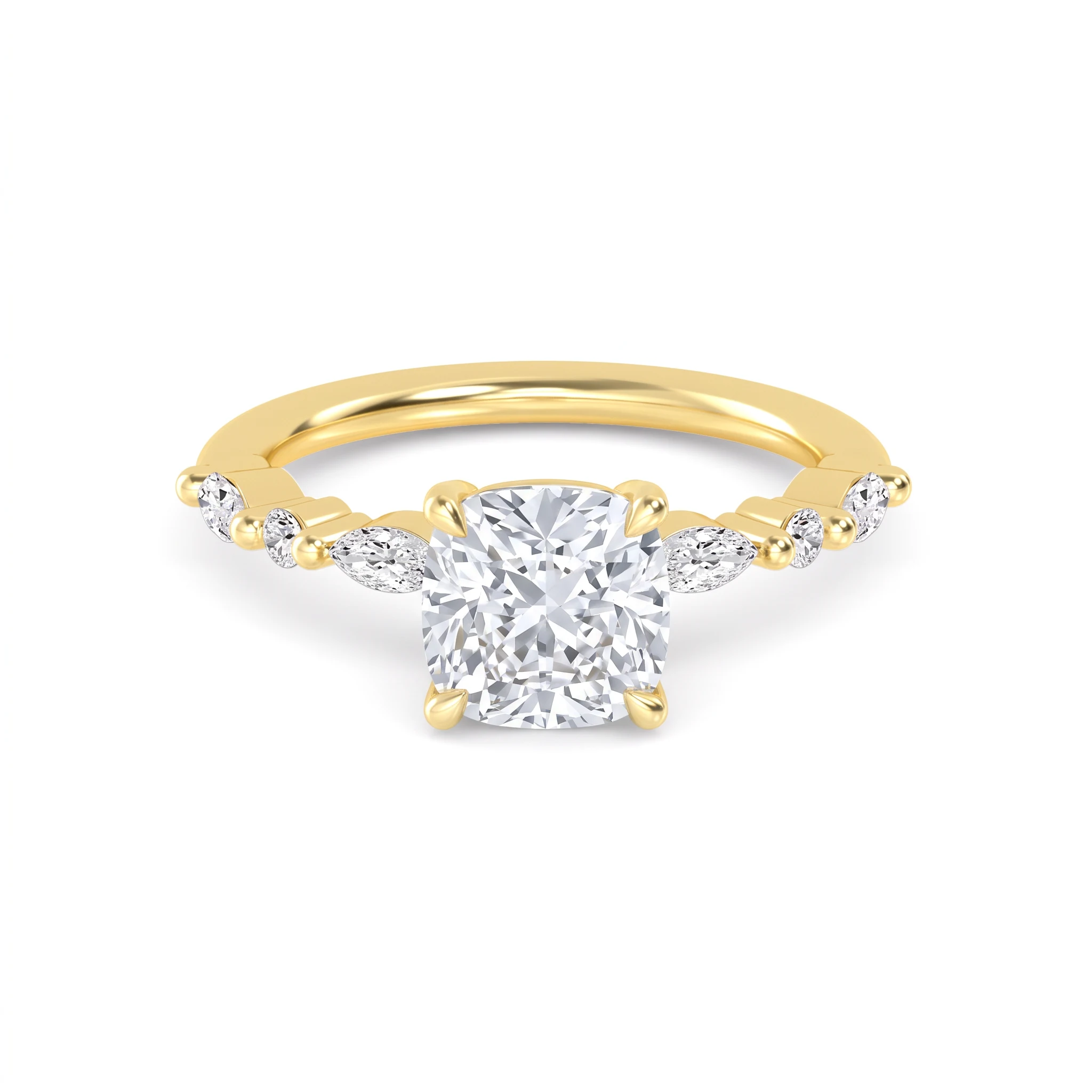 Anouk, Cushion Solitaire, Marquise and Round Shoulders in Yellow Gold, cushion