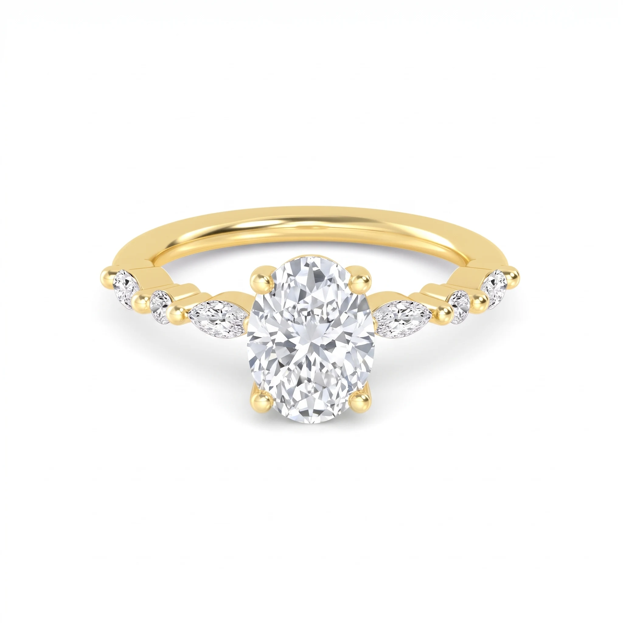 Coralie, Oval Solitaire, Marquise and Round Shoulders in Yellow Gold, oval