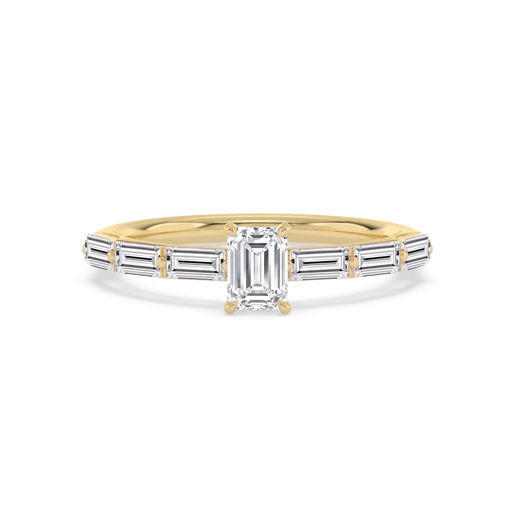 Octavia, Baguette Band with an Emerald Cut at the Centre in Yellow Gold, emerald