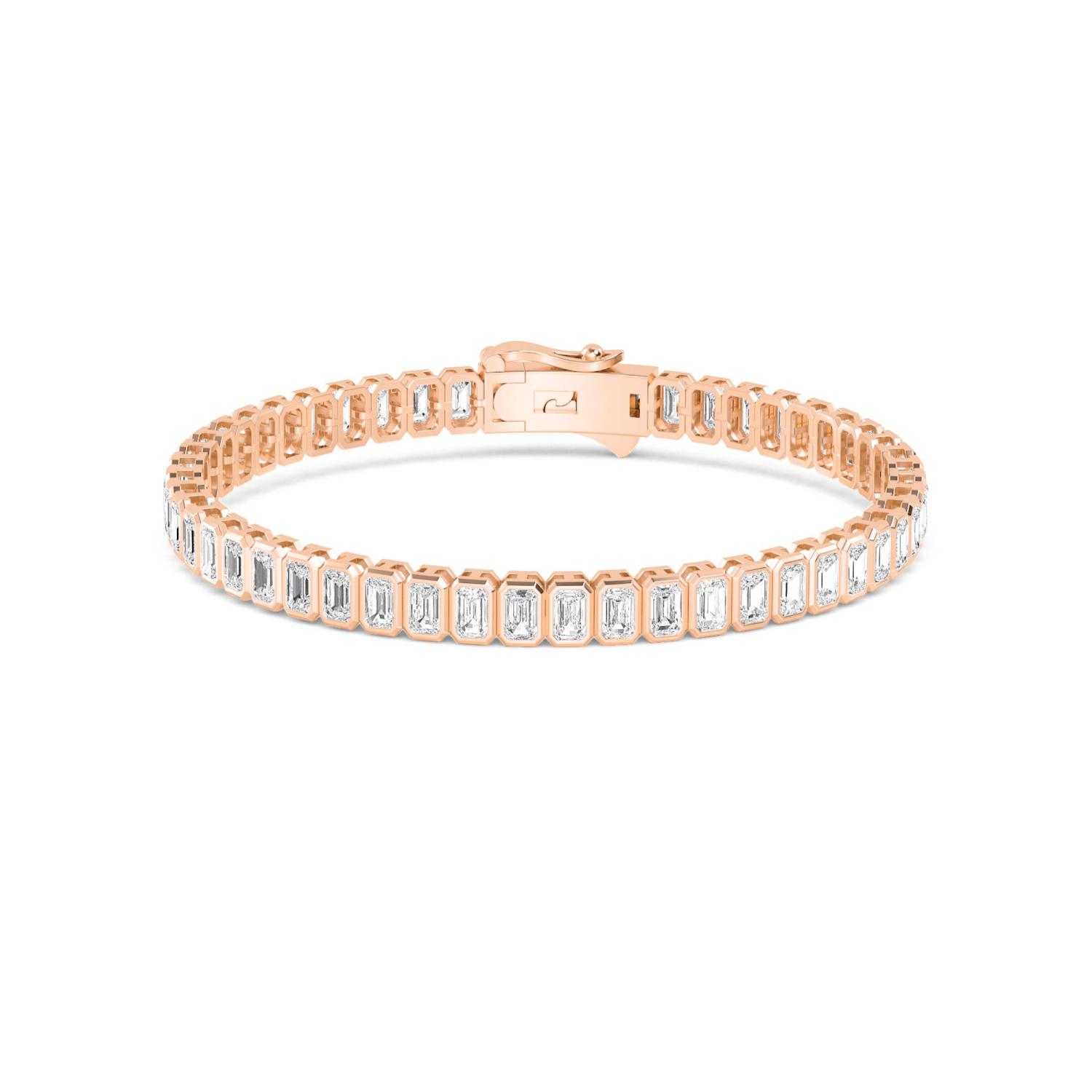 Ovation Emerald, Emerald-Cut North-South Bezel Bracelet in Rose Gold, emerald, studio photo