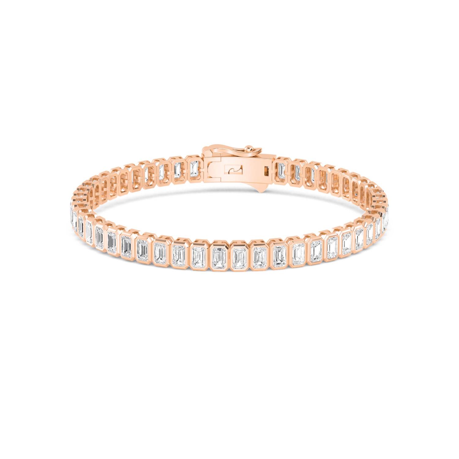 Ovation Emerald Slim, Slim Emerald-Cut North-South Bezel Bracelet in Rose Gold, emerald, studio photo