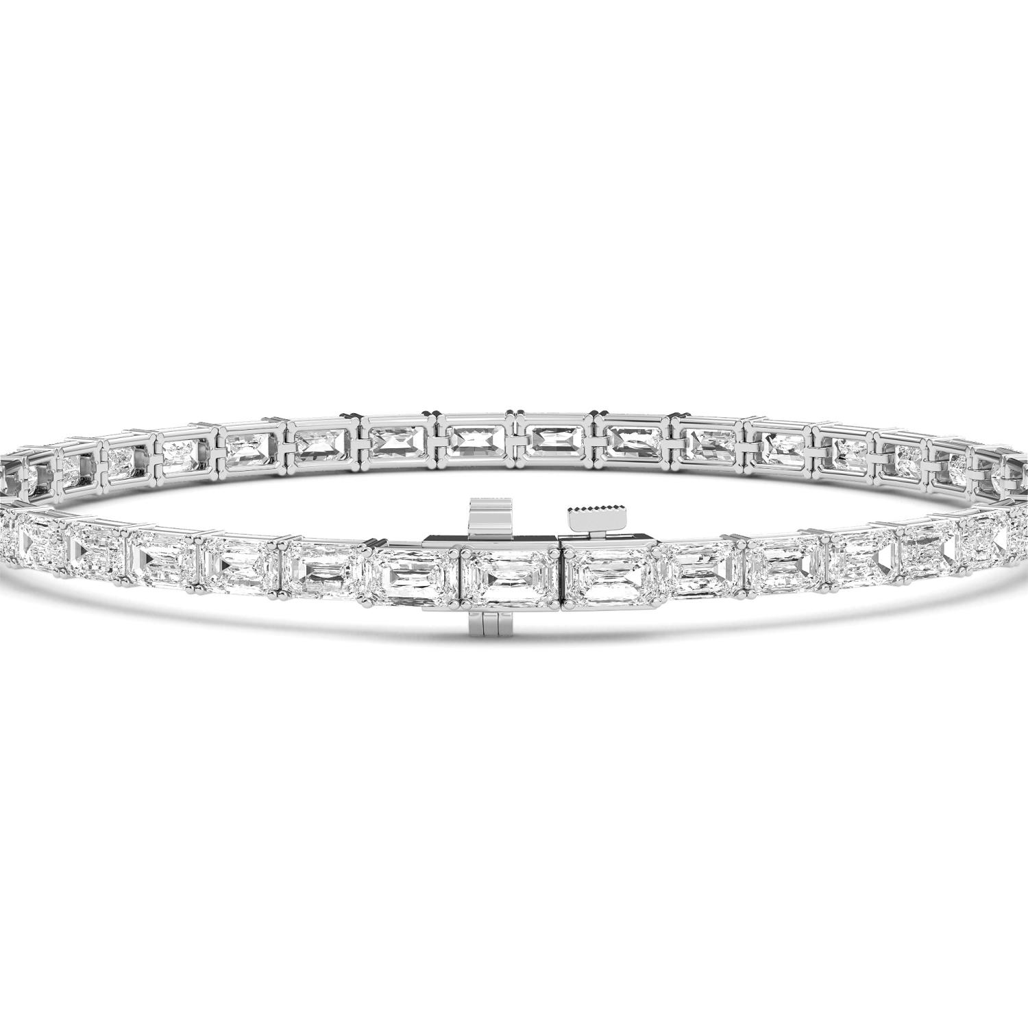 Trill, Emerald-Cut Tennis Bracelet in White Gold, emerald, plain background, alternate view