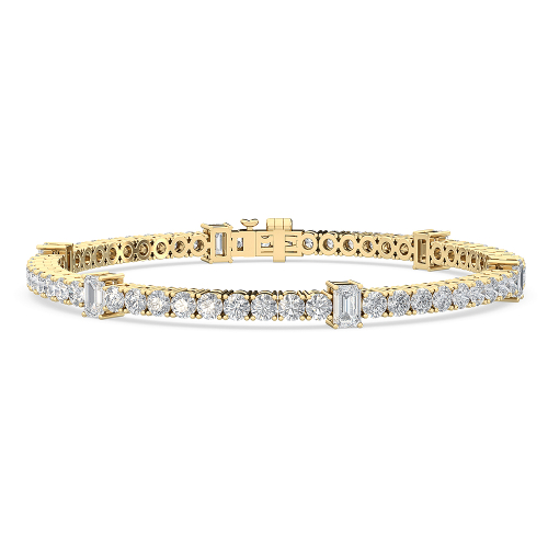 Aurelia, Round and Emerald Cut Tennis Bracelet in Yellow Gold, round, plain background