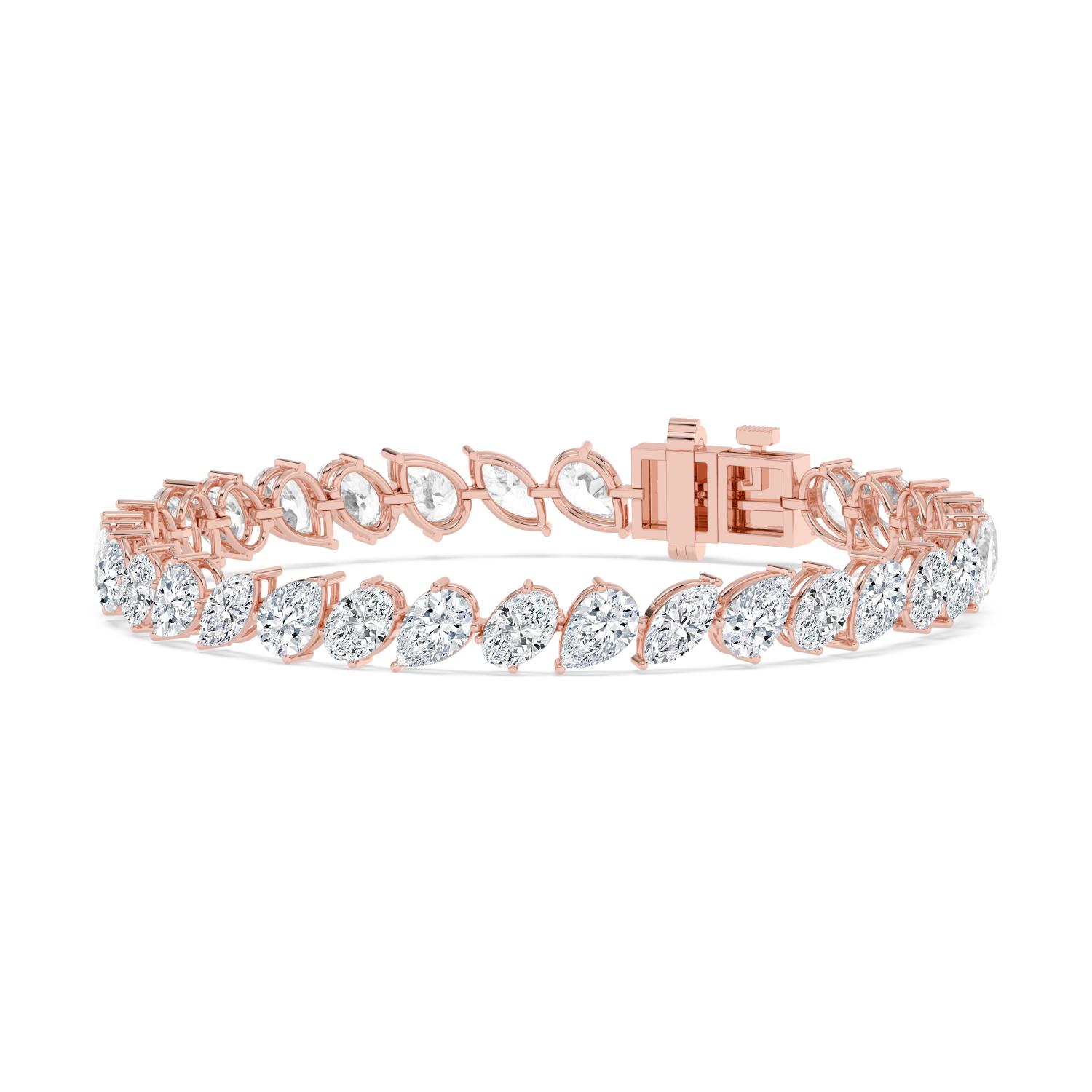 Isadora, Marquise, Pear and Oval Slanted Tennis Bracelet in Rose Gold, mixed, plain background, alternate view