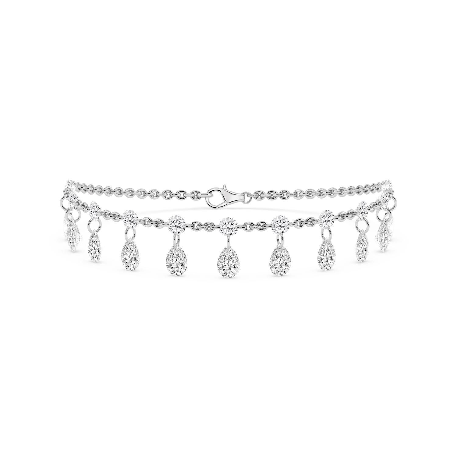 Margaux, Double Chain Bracelet with Round Stations and Pear Drops in White Gold, mixed, plain background
