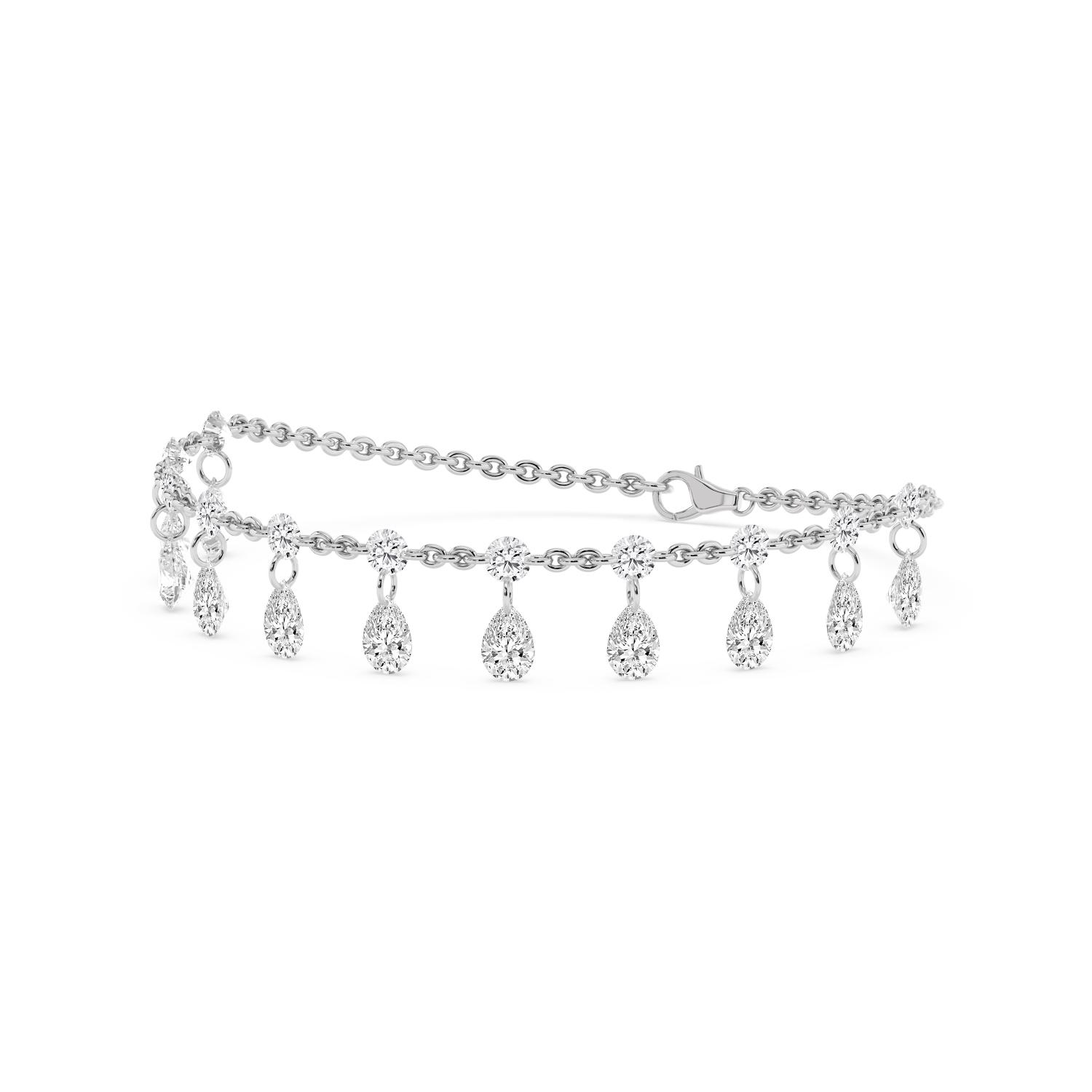 Margaux, Double Chain Bracelet with Round Stations and Pear Drops in White Gold, mixed, plain background, alternate view