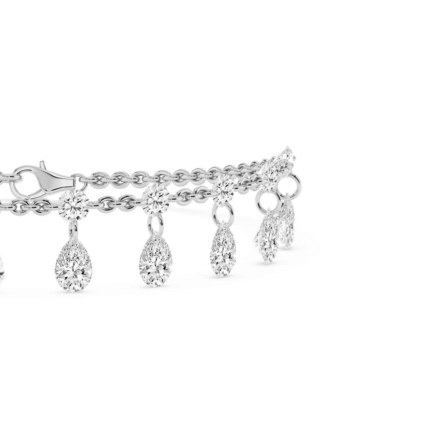 Margaux, Double Chain Bracelet with Round Stations and Pear Drops in White Gold, mixed, plain background, alternate view