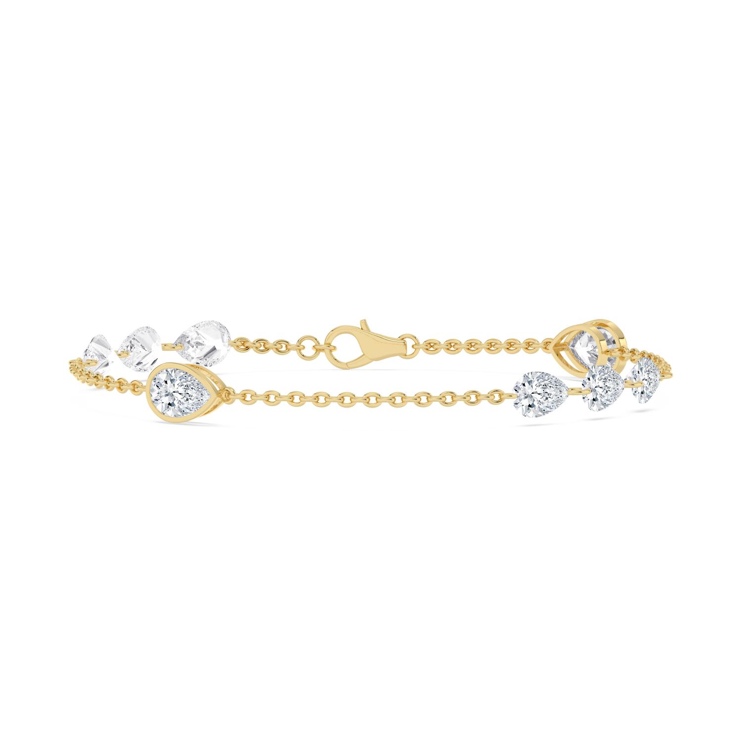 Clementine, Chain Bracelet with Bezel and Open Pear Stations in Yellow Gold, pear, plain background