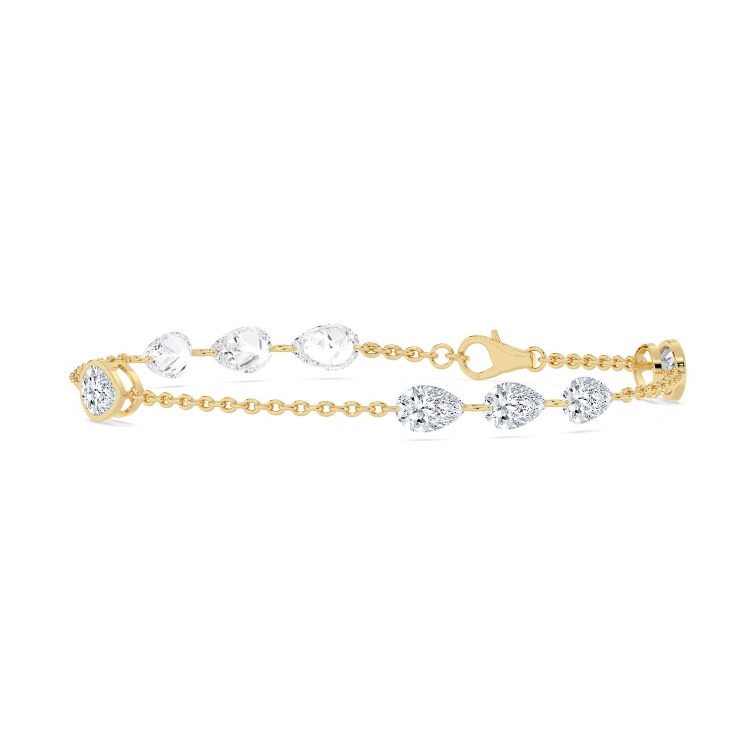 Clementine, Chain Bracelet with Bezel and Open Pear Stations in Yellow Gold, pear, plain background, alternate view