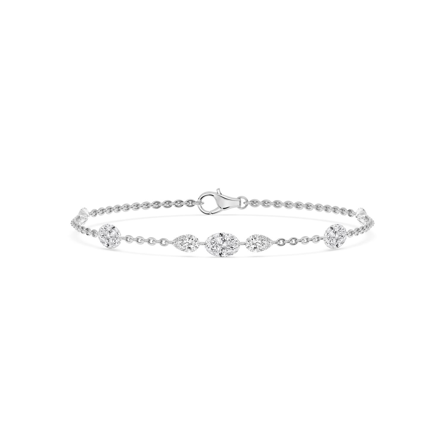 Evangeline, Chain Bracelet with Oval and Pear Stations in White Gold, mixed, plain background