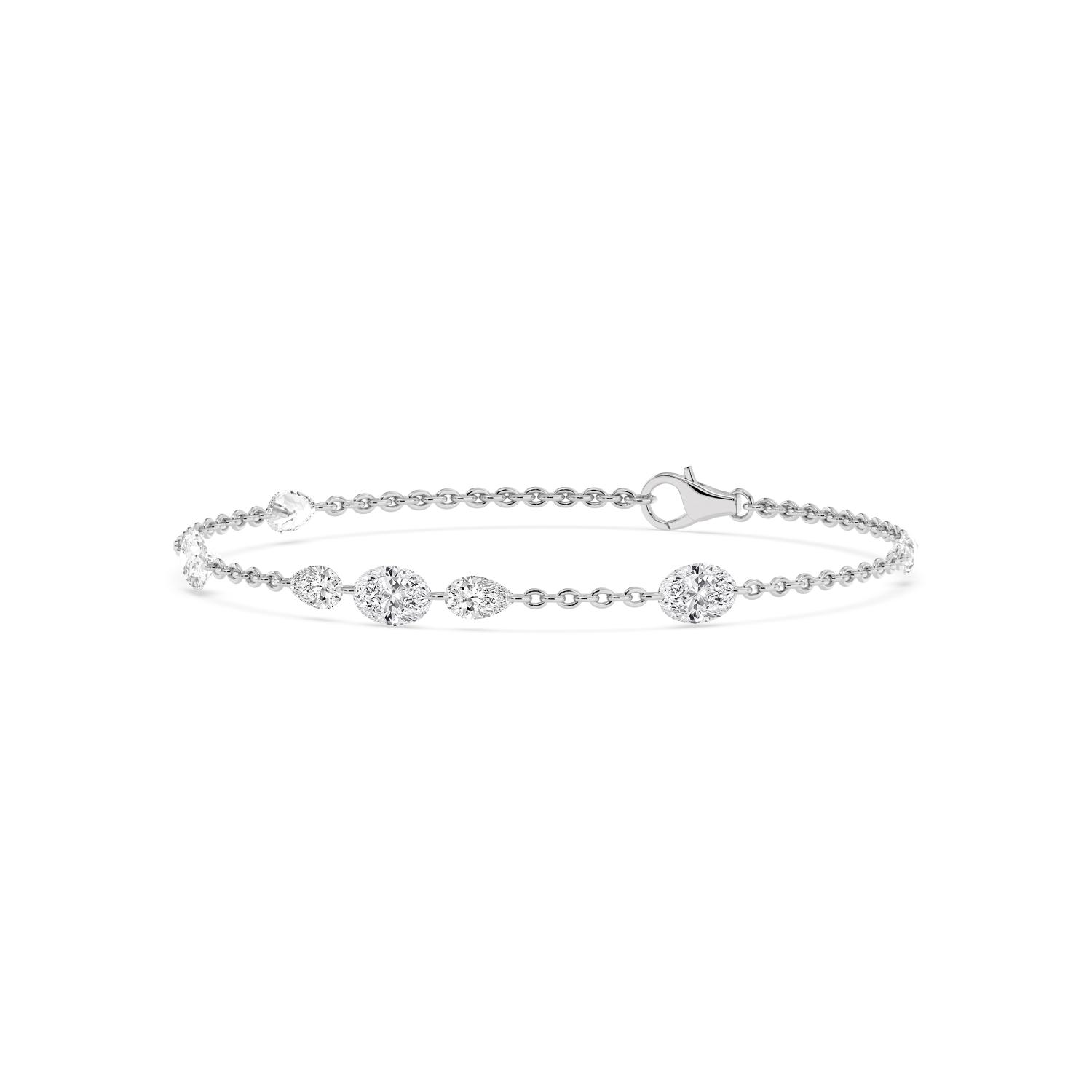 Evangeline, Chain Bracelet with Oval and Pear Stations in White Gold, mixed, plain background, alternate view