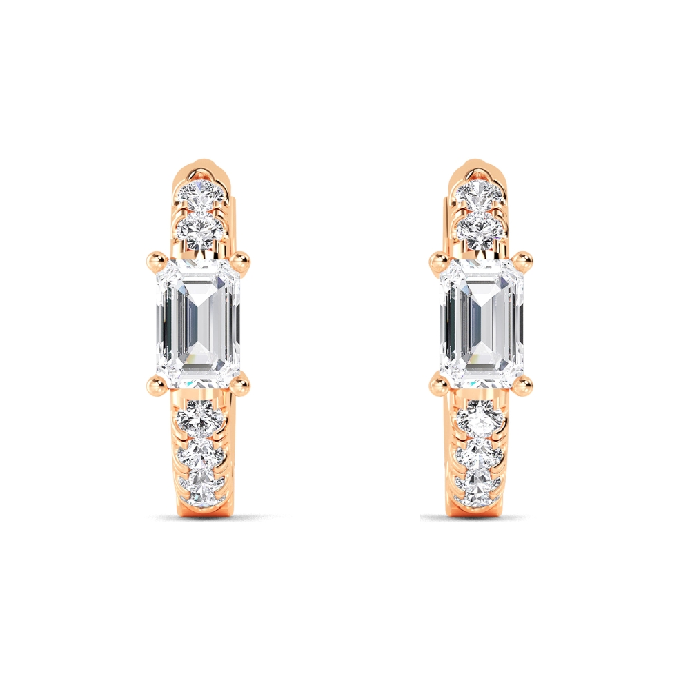Orbit Emerald, Emerald-Cut Centre Diamond Hoops in Rose Gold, emerald, studio photo