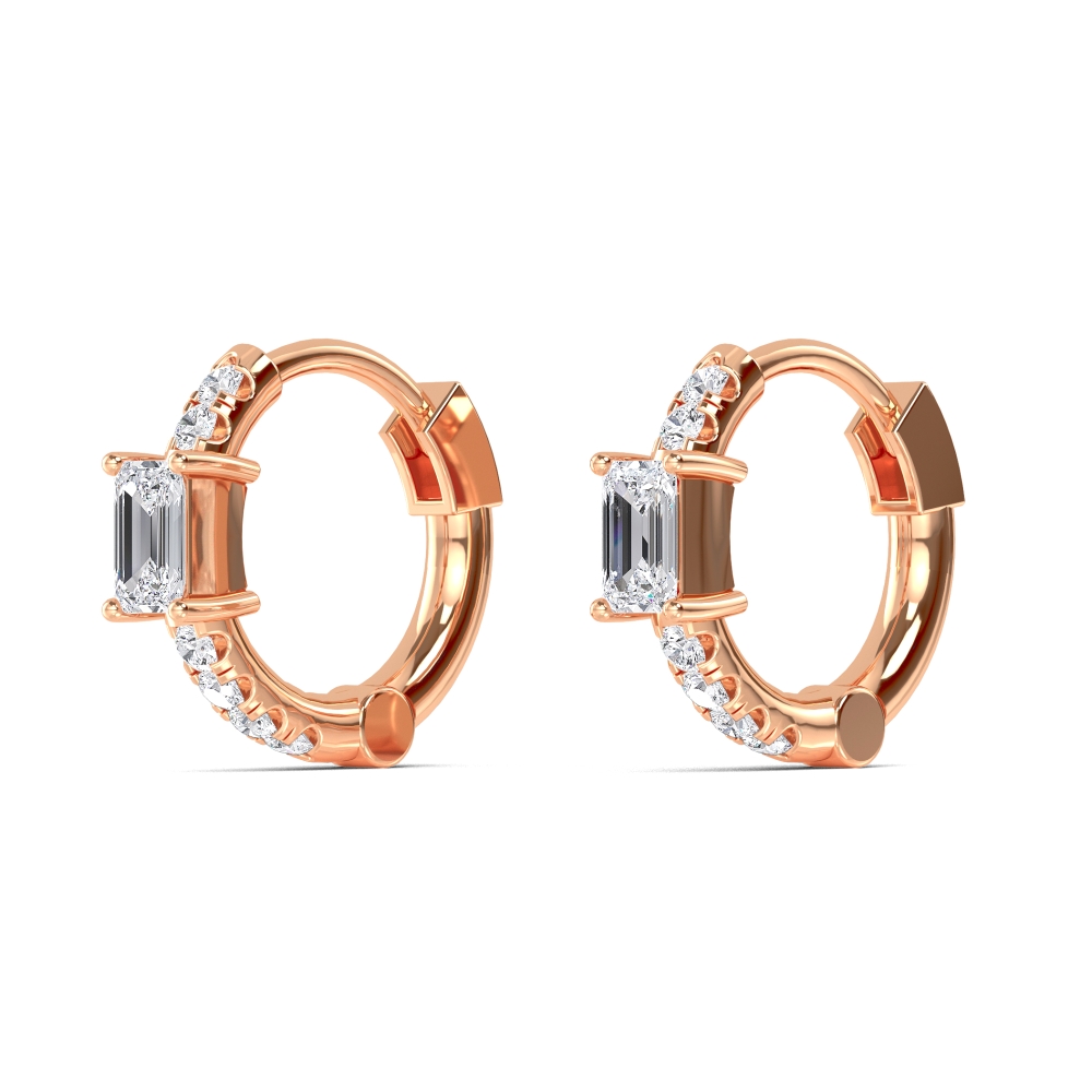Orbit Emerald, Emerald-Cut Centre Diamond Hoops in Rose Gold, emerald, studio photo, alternate view