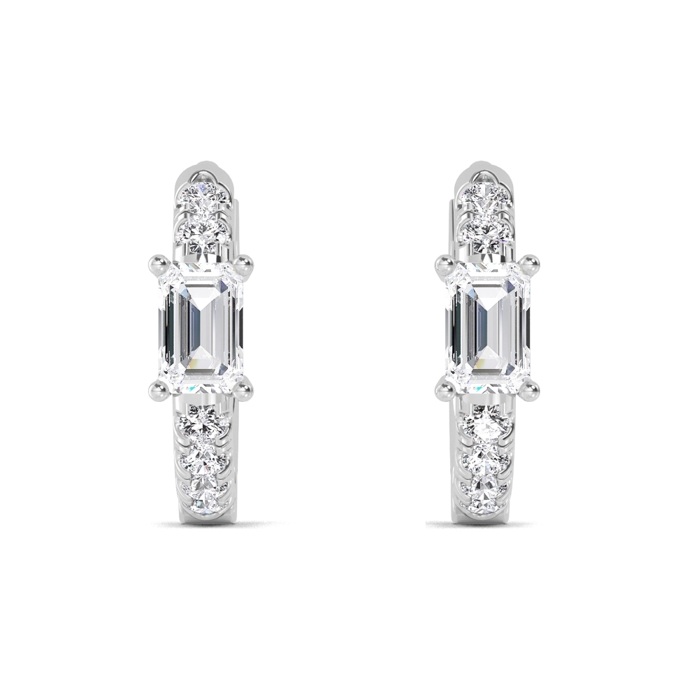 Lea, Emerald-Cut Centre Diamond Hoops in White Gold, emerald, plain background