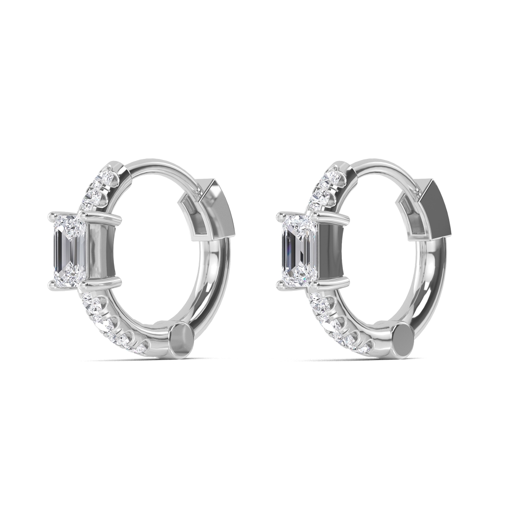 Lea, Emerald-Cut Centre Diamond Hoops in White Gold, emerald, plain background, alternate view