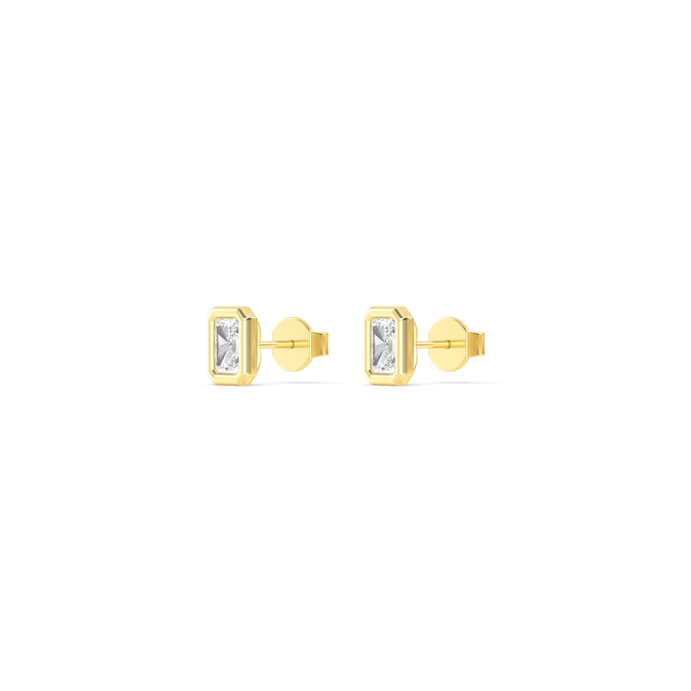 Glow, Radiant Bezel Studs in Yellow Gold, radiant, plain background, alternate view