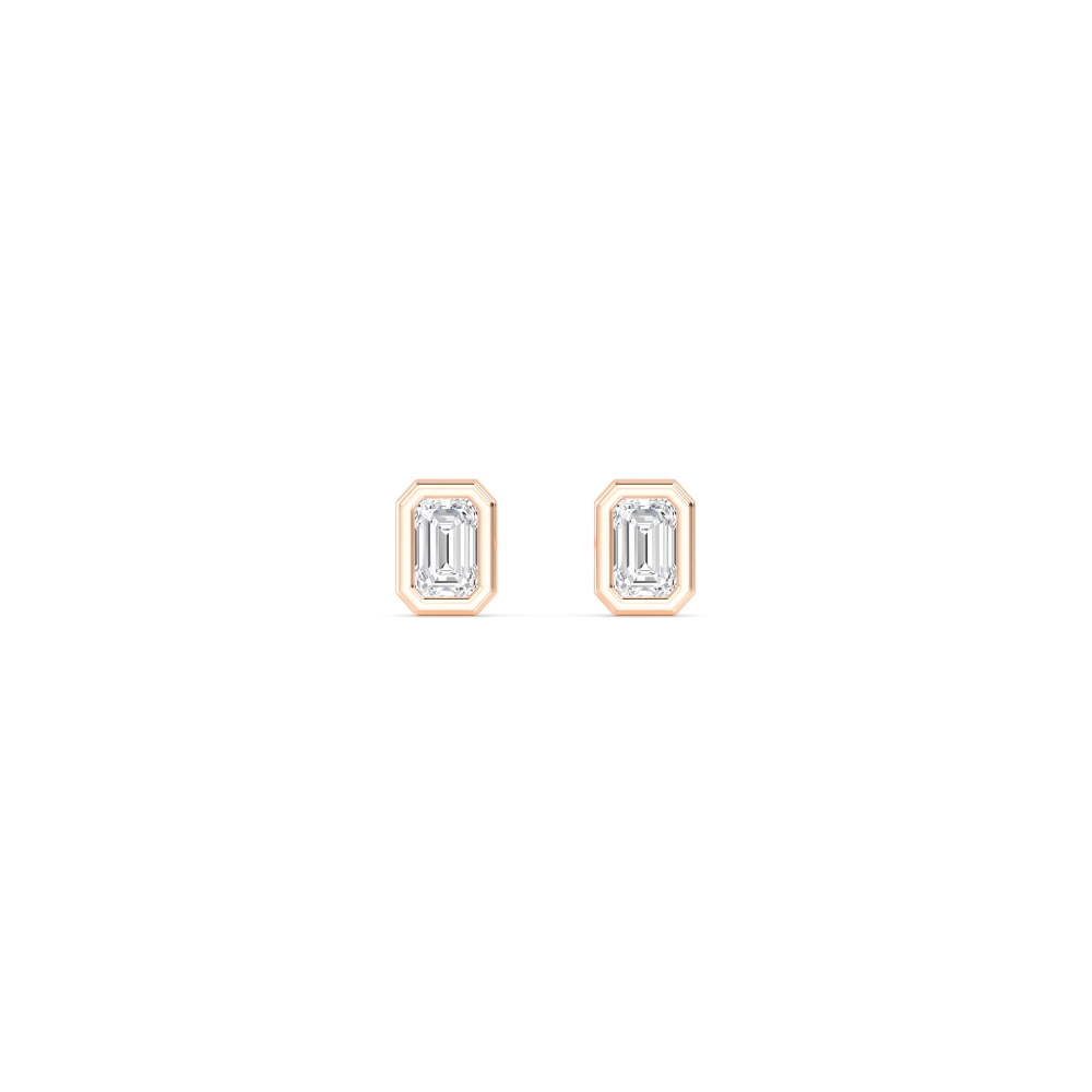 Moon Emerald, Emerald-Cut Bezel Studs in Rose Gold, emerald, studio photo