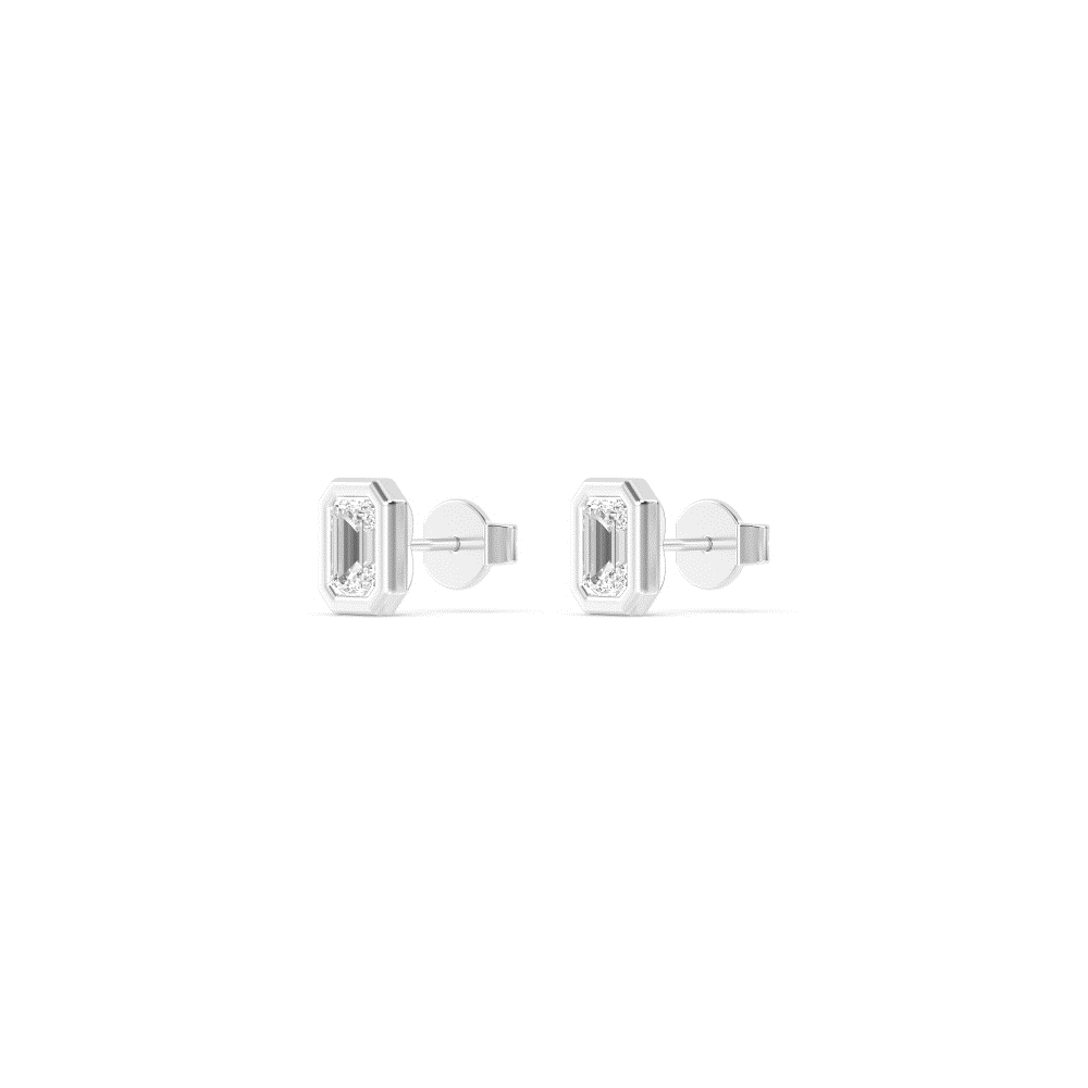 Grain, Emerald-Cut Bezel Studs in White Gold, emerald, plain background, alternate view