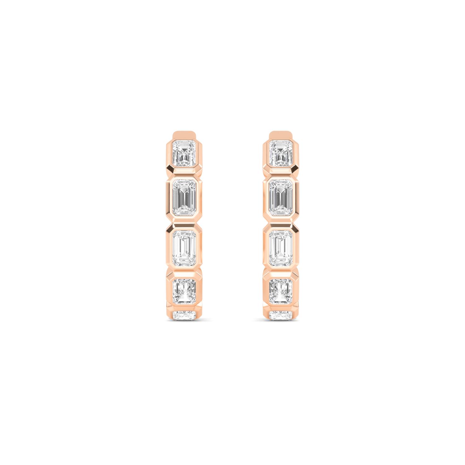 Knot, Emerald-Cut Bezel Hoops in Rose Gold, emerald, plain background