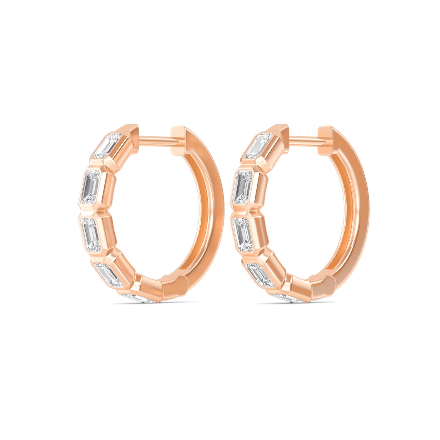 Knot, Emerald-Cut Bezel Hoops in Rose Gold, emerald, plain background, alternate view