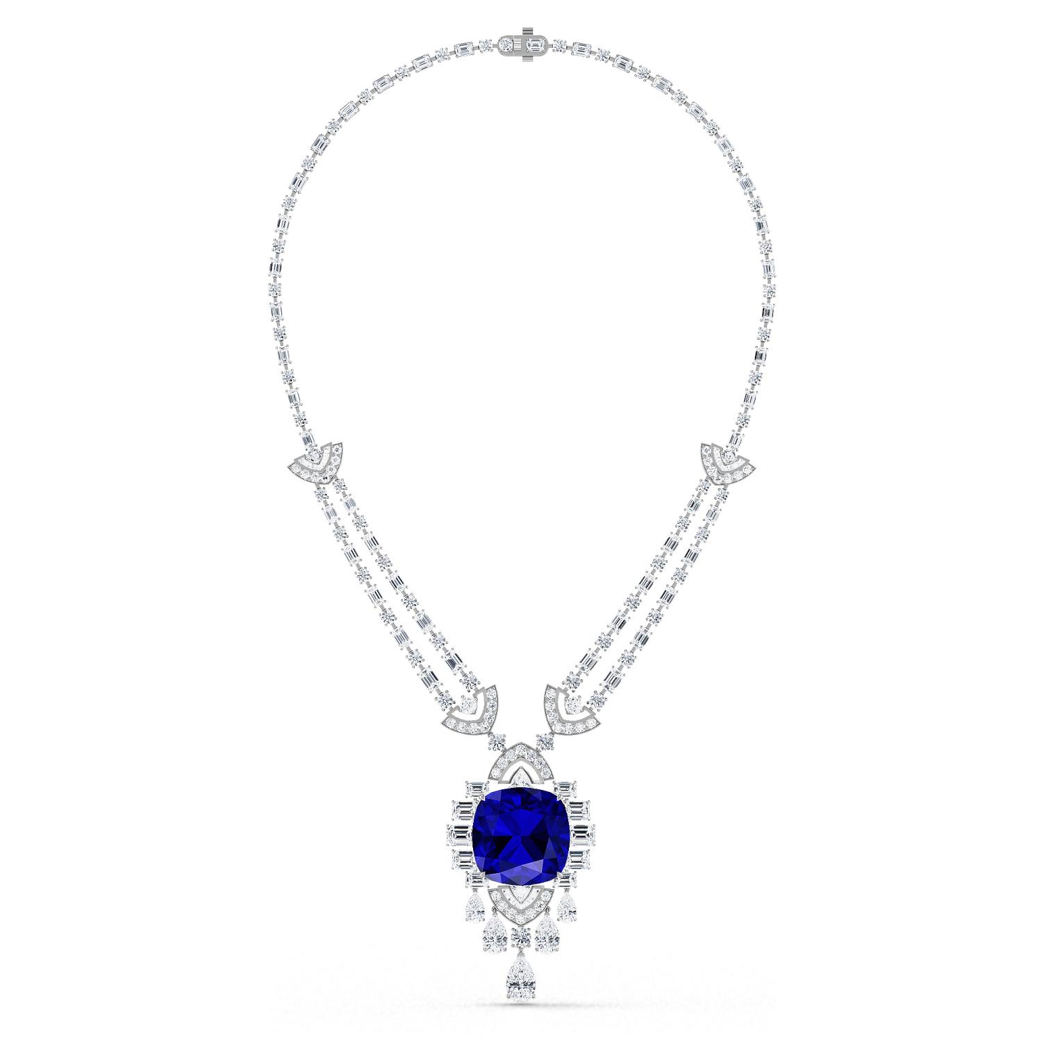 Ondine, Blue Sapphire Cushion Pendant in White Gold, plain background