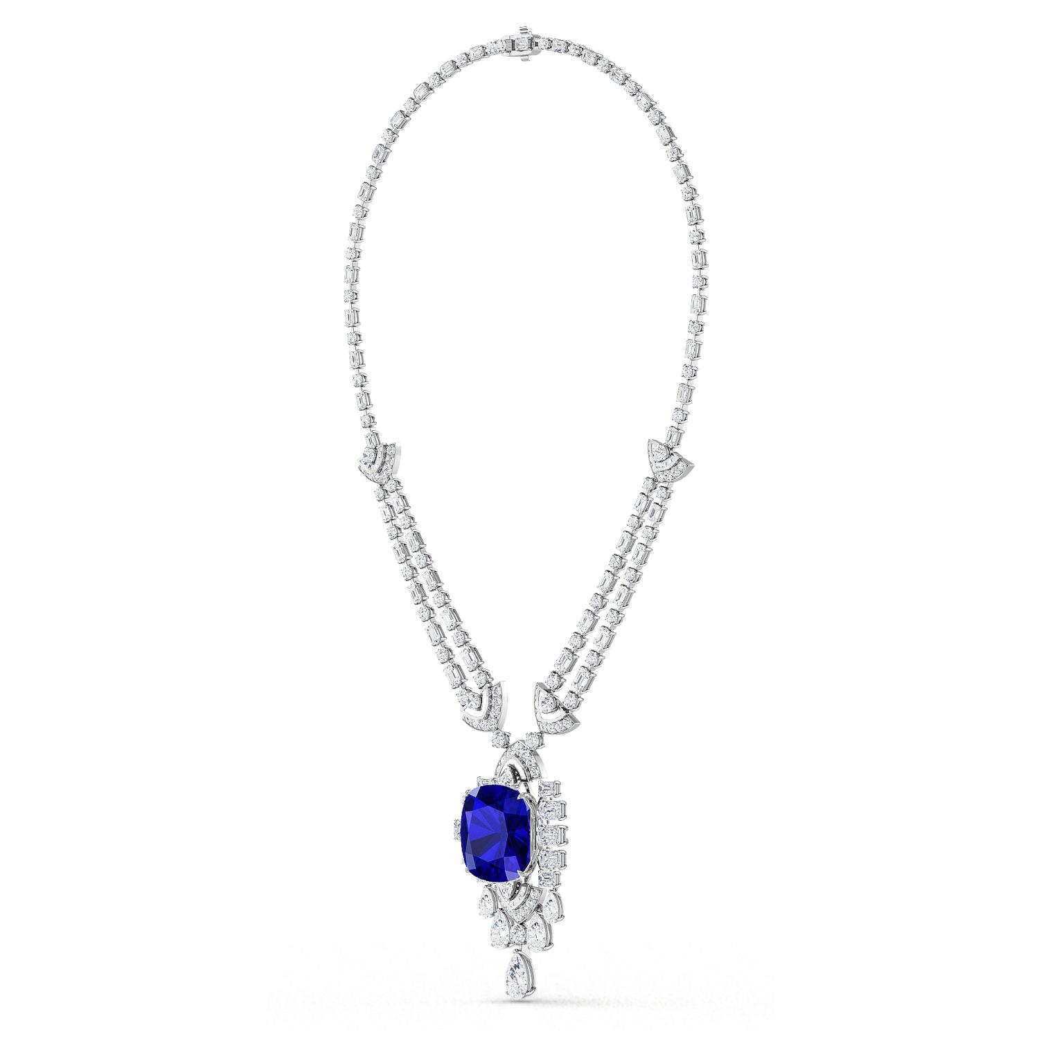 Ondine, Blue Sapphire Cushion Pendant in White Gold, plain background, alternate view