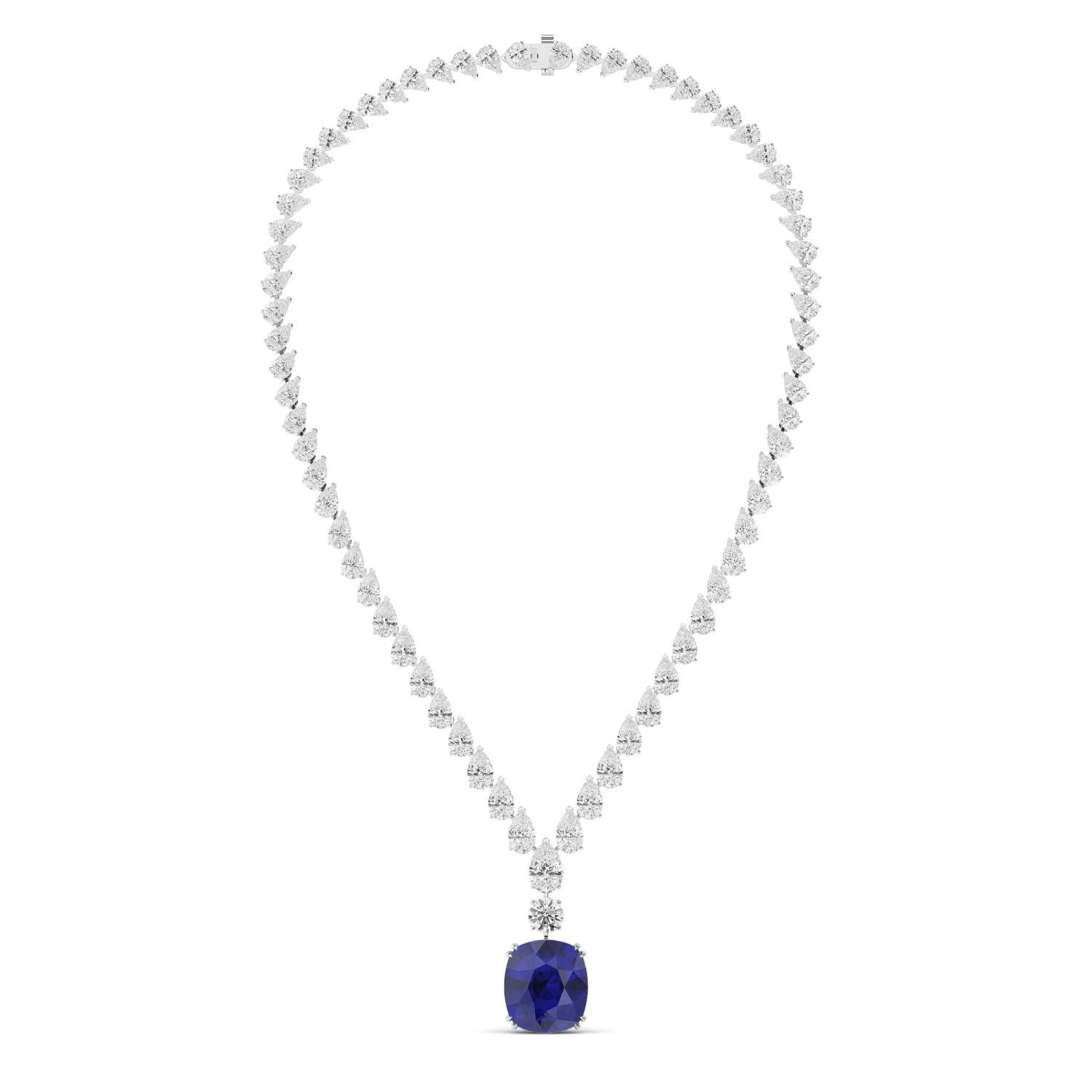 Celeste, Blue Sapphire Cushion Drop in White Gold, plain background