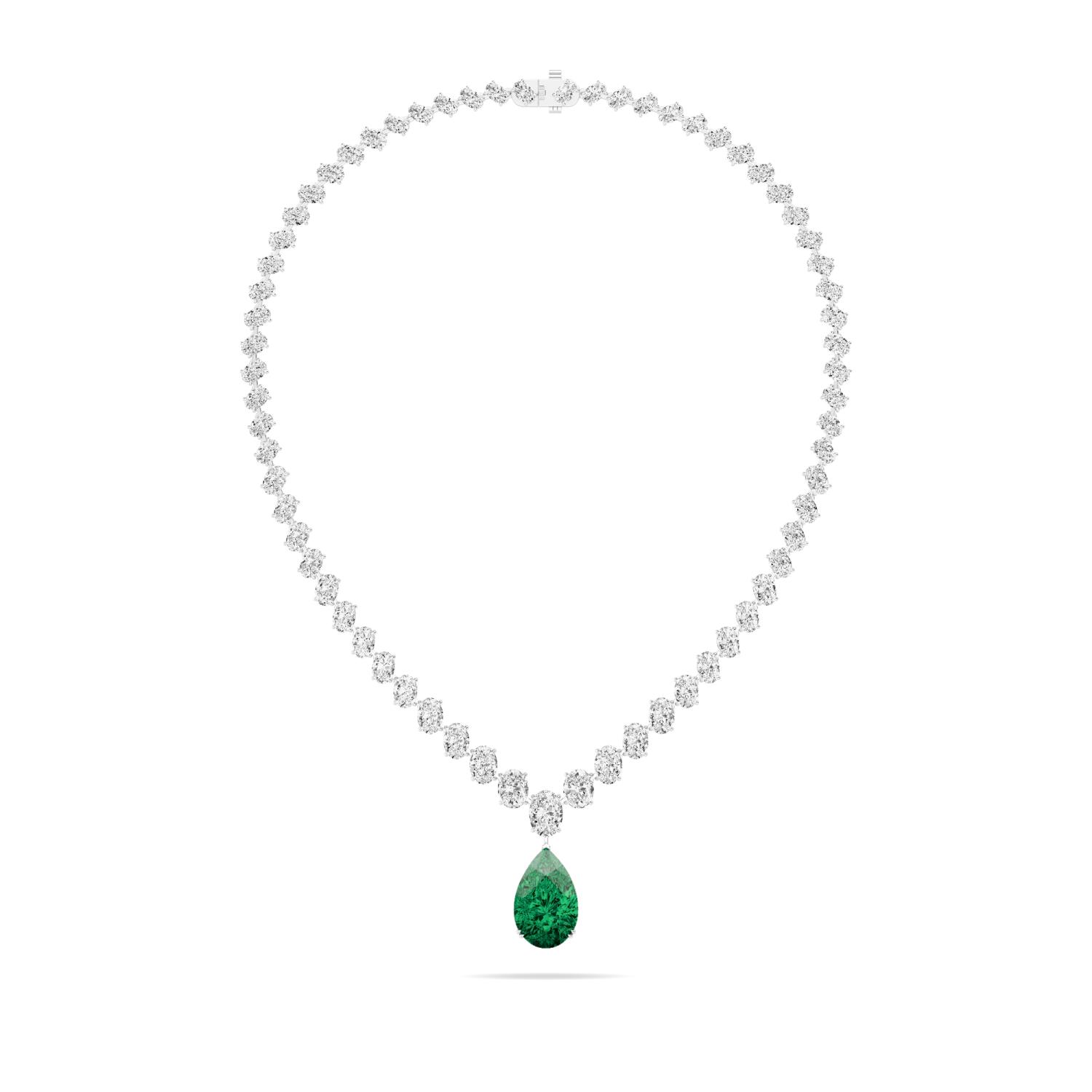 Sylvie, Emerald Pear Drop in White Gold, plain background, alternate view