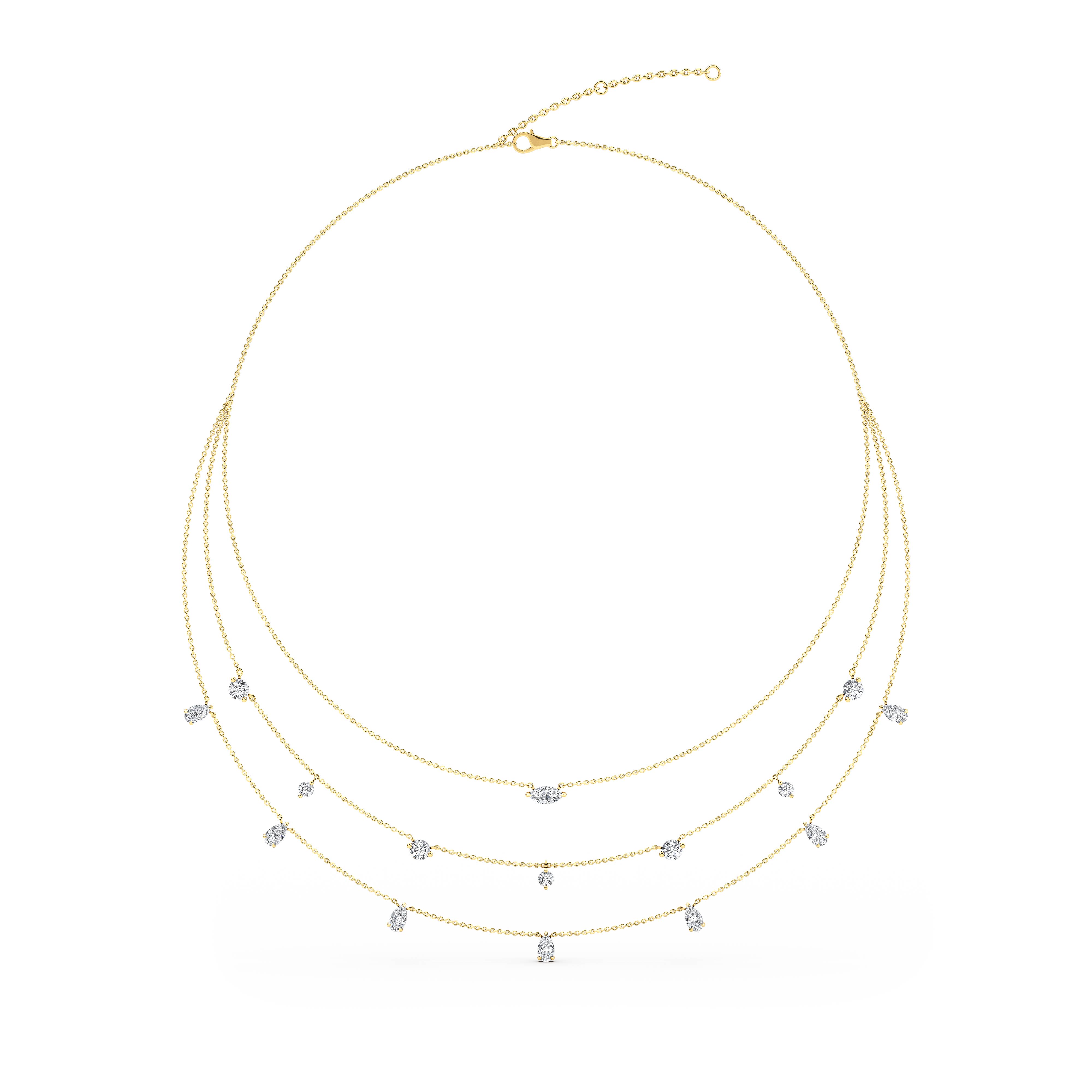 Estelle, Three Layer Mixed Shape Drop Necklace in Yellow Gold, mixed, plain background