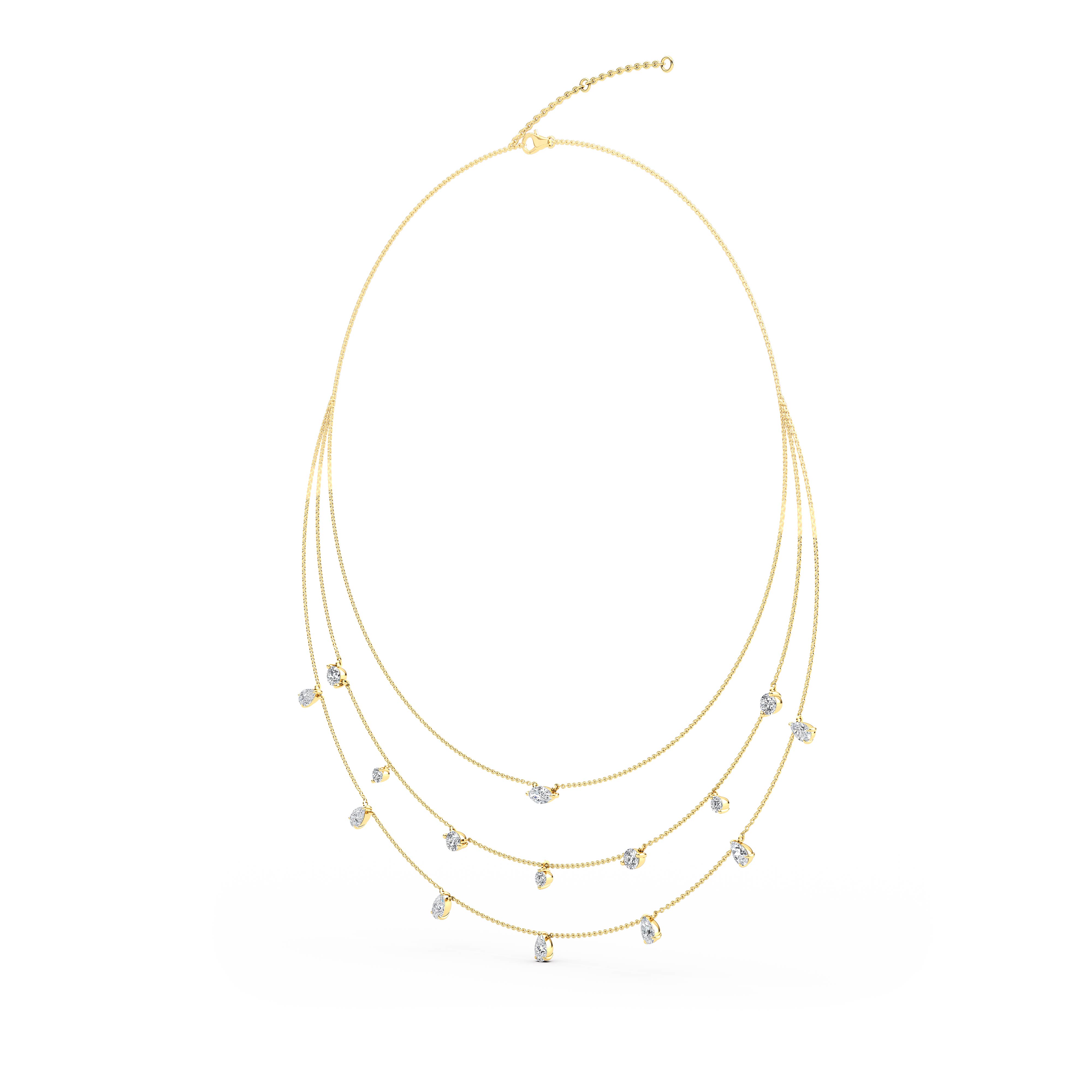 Estelle, Three Layer Mixed Shape Drop Necklace in Yellow Gold, mixed, plain background, alternate view