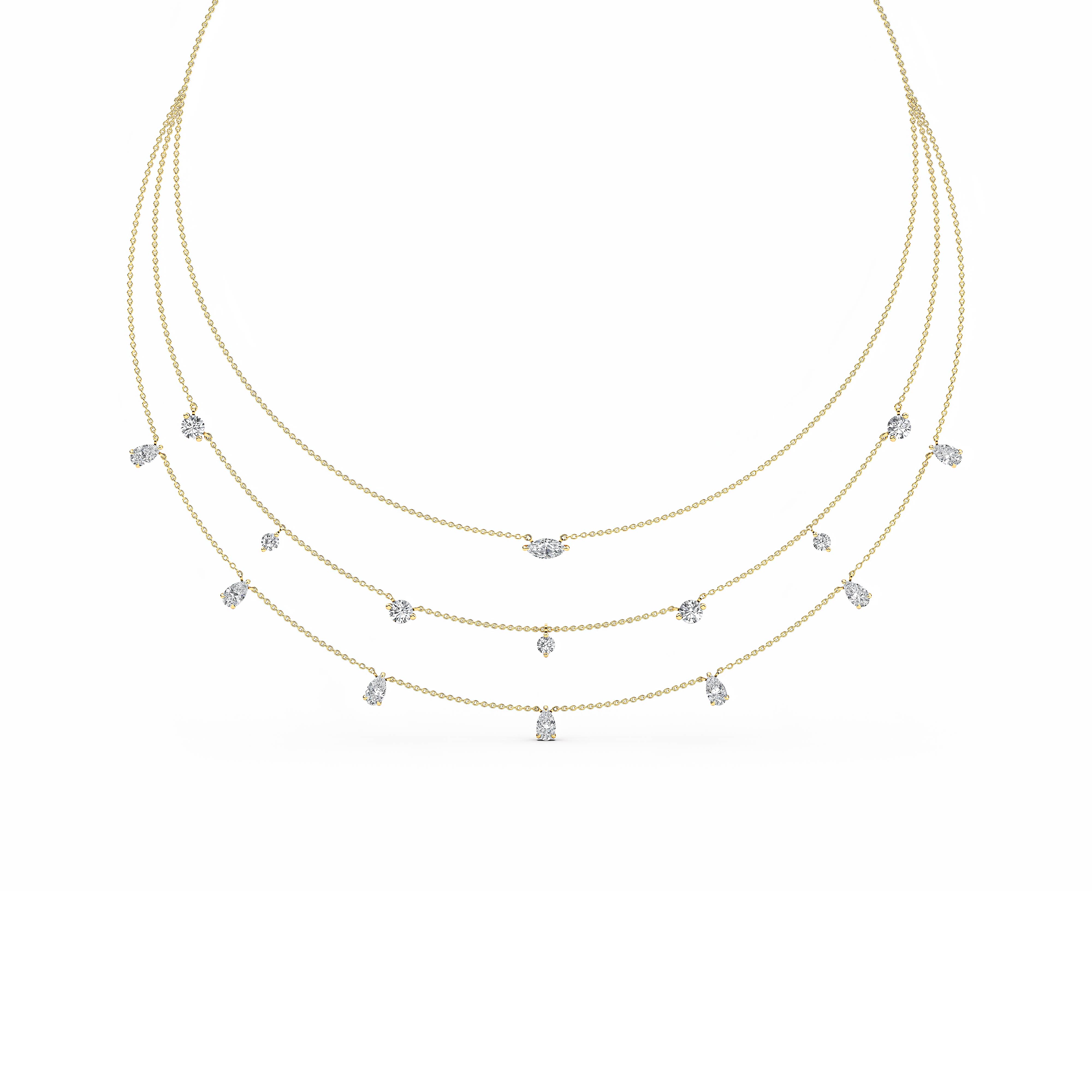Estelle, Three Layer Mixed Shape Drop Necklace in Yellow Gold, mixed, plain background, alternate view