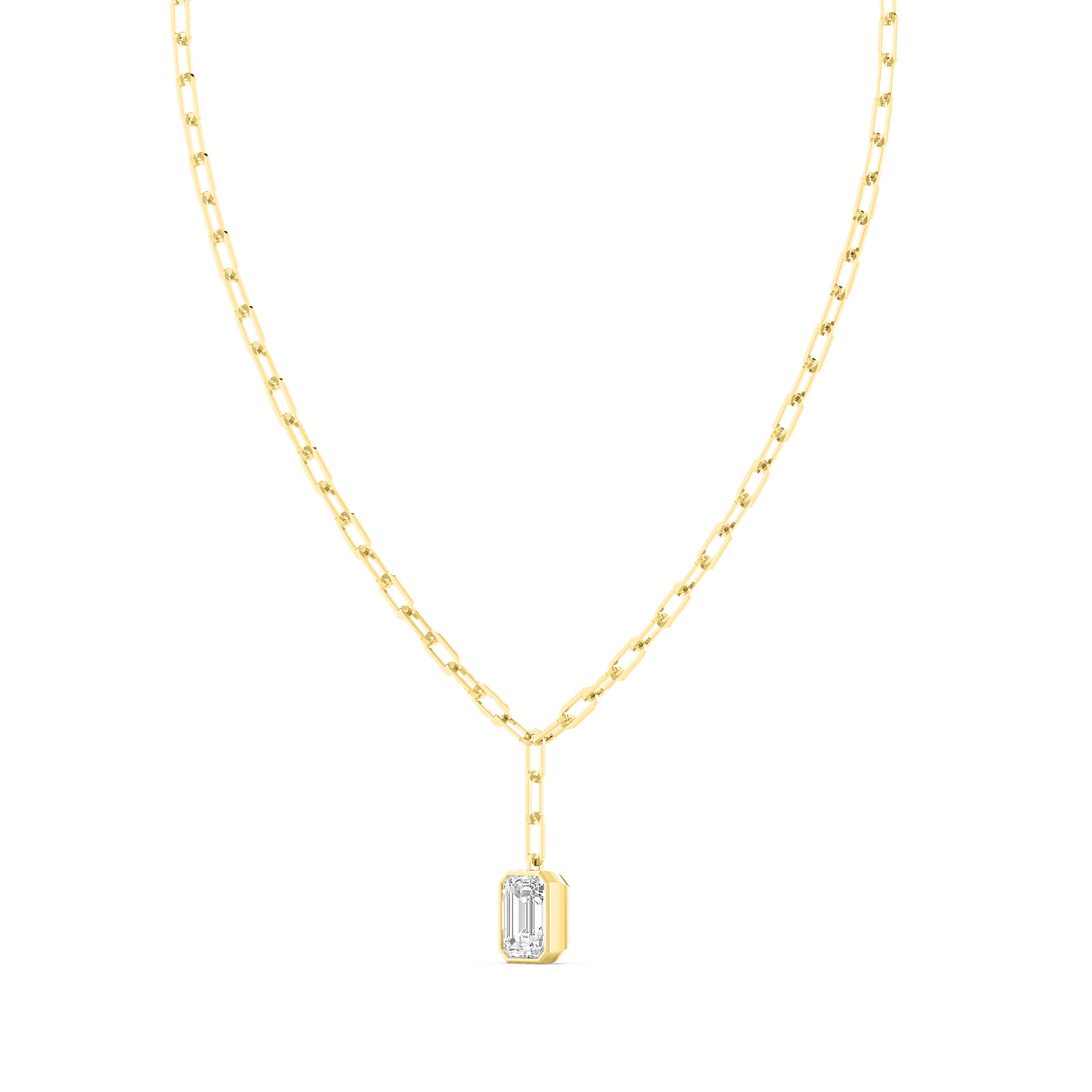 Florence, Paperclip Chain with Emerald Cut Drop in Yellow Gold, emerald, plain background, alternate view