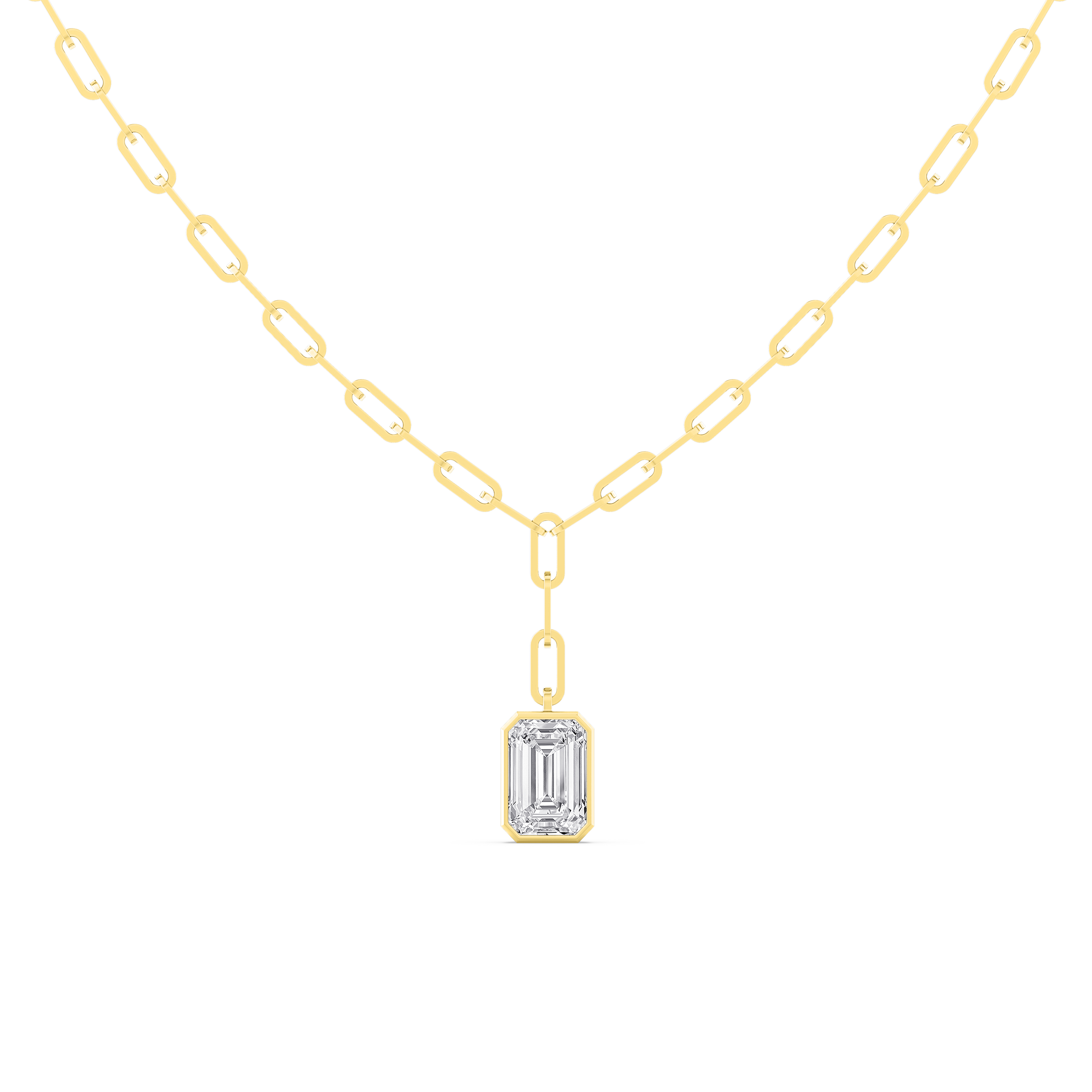 Florence, Paperclip Chain with Emerald Cut Drop in Yellow Gold, emerald, plain background, alternate view