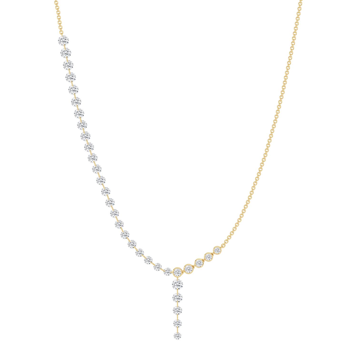 Imogen, Half Tennis Necklace with Round Drop in Yellow Gold, round, plain background