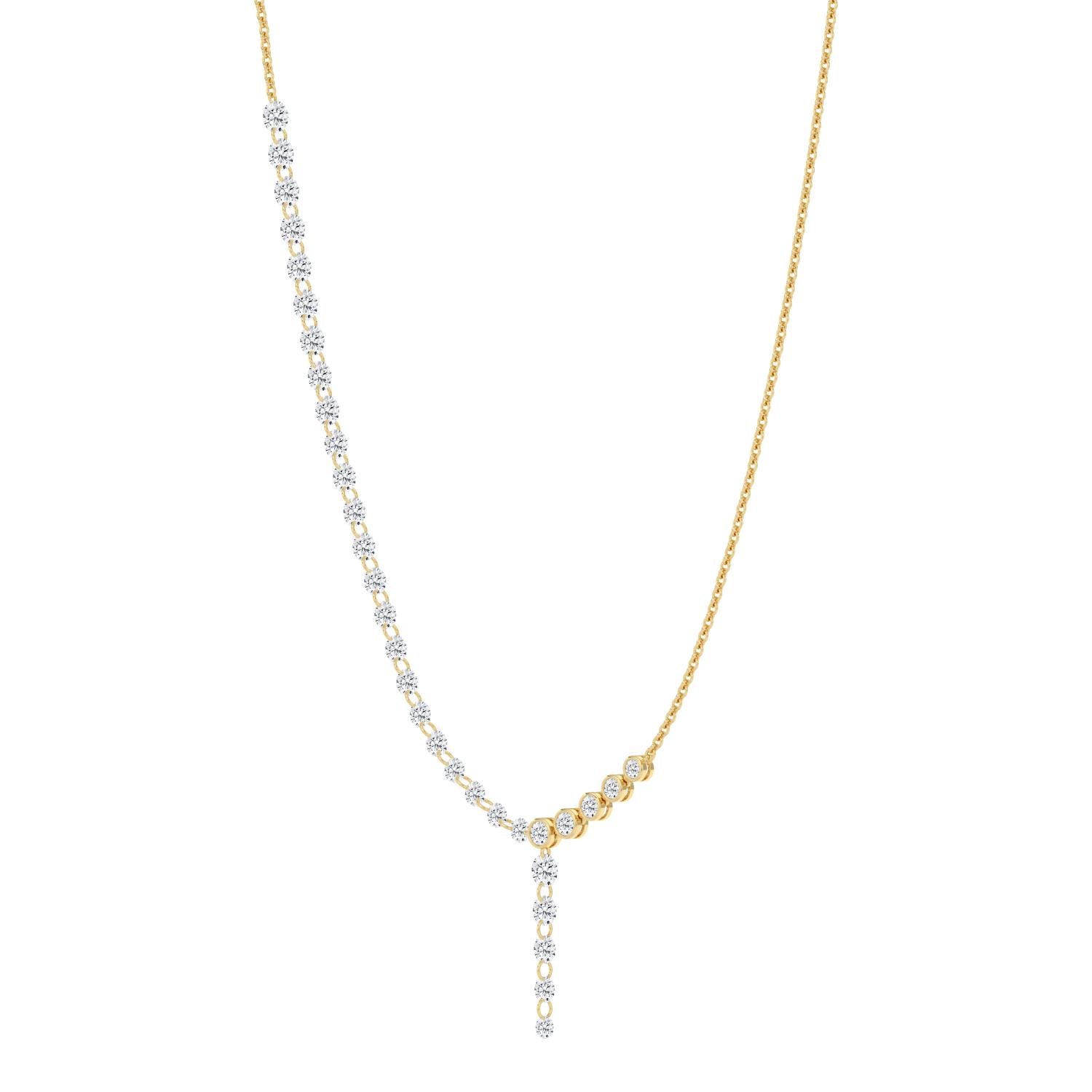 Imogen, Half Tennis Necklace with Round Drop in Yellow Gold, round, plain background, alternate view