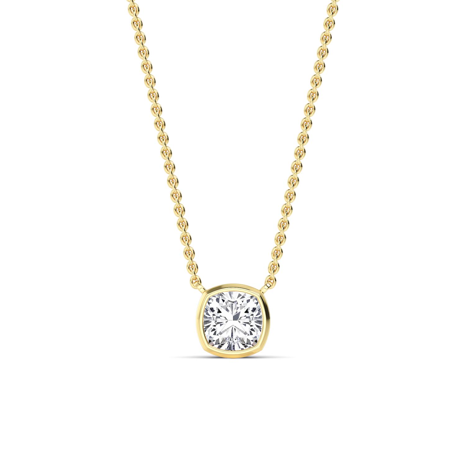 Halo Cushion, Cushion Bezel Pendant in Yellow Gold, cushion, studio photo